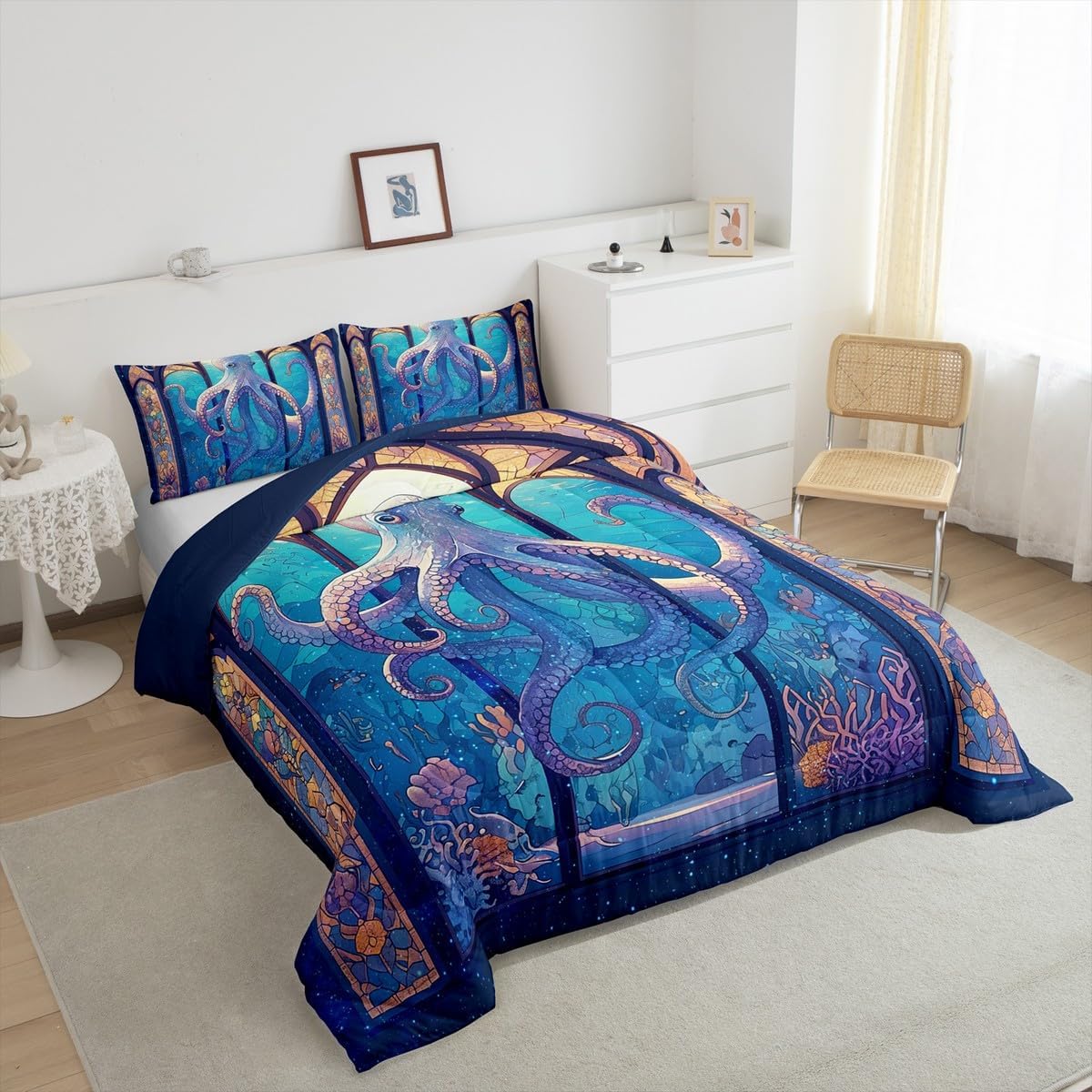 Feelyou Octopus Bedding Set Boys Girls Toddler Size Ocean Kraken Comforter Set for Kids Women Men Ultra Soft Tentacles Comforter Sealife Sea Animal Duvet Set Room Decor Ocean Fish Quilt Set