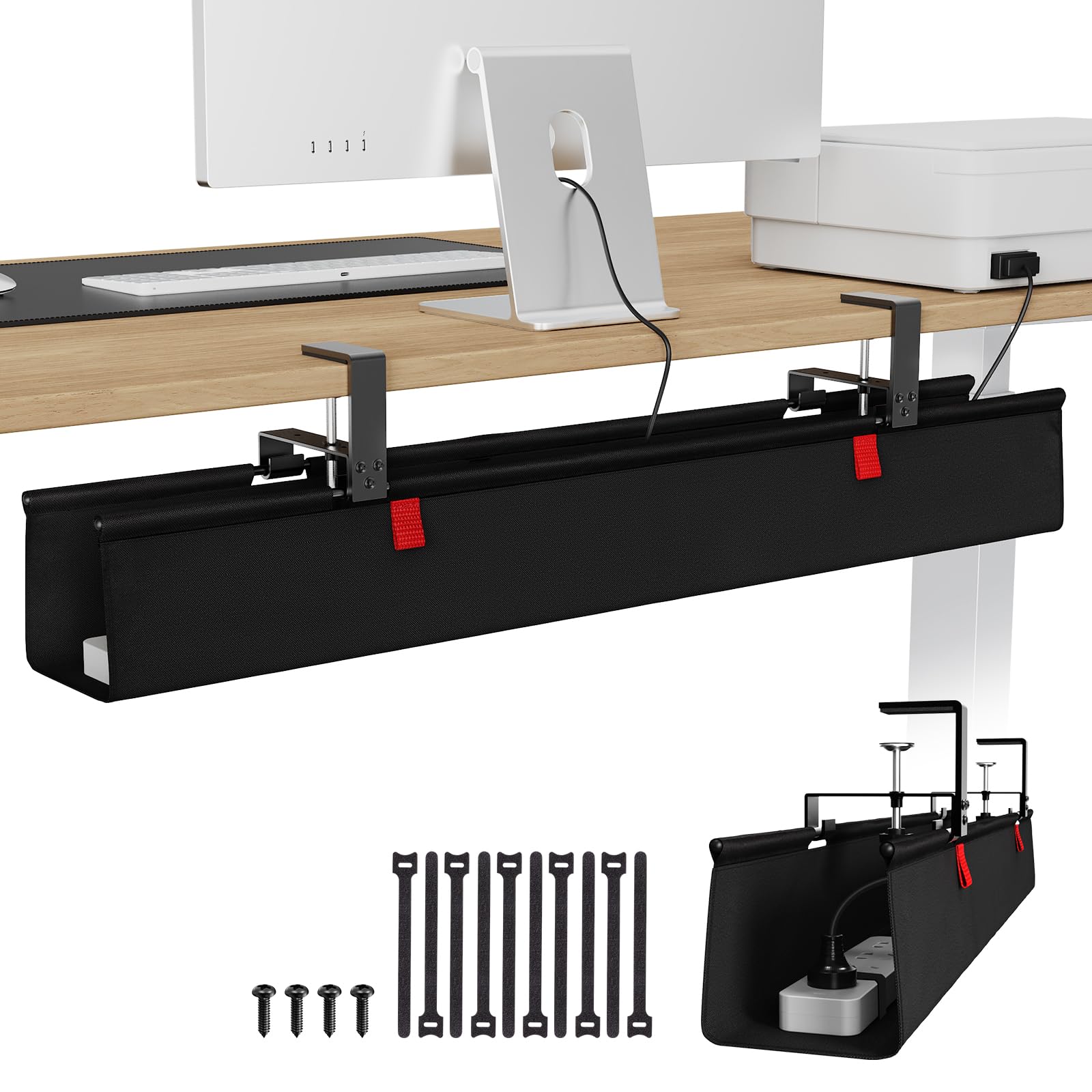 KEEGH Large 36" Under Desk Cable Management Tray - Under Desk Cord Organizer - Clamp/Screw Mount - Support Upto 70lbs - Fabric Wire Management -