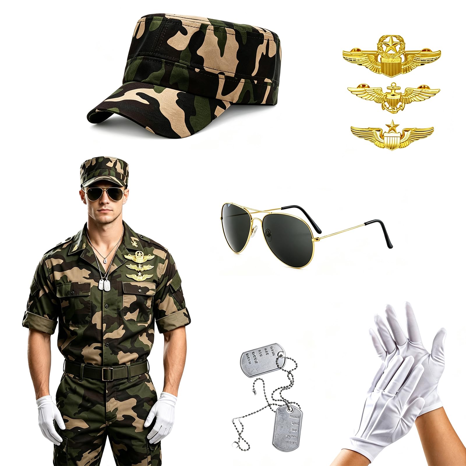 ZPSCXQ 7-Piece Pilot Costume Set with Aviator Sunglasses and Gold Wings