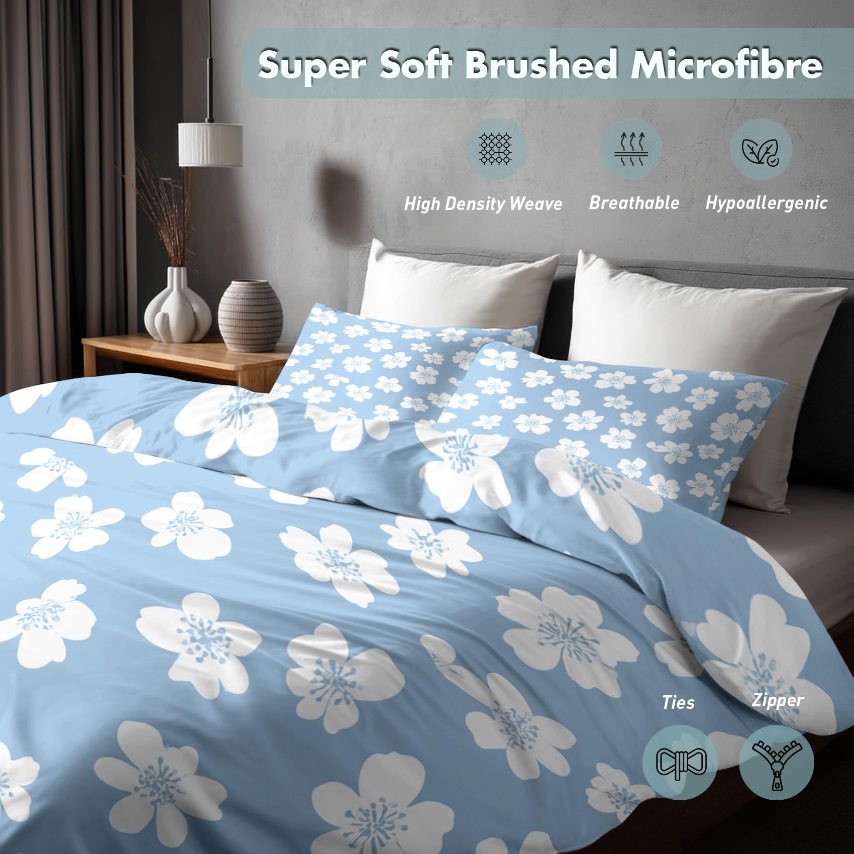 Generisch Bettwäsche 155x220 Blumen Blau Motiv, Schlafzimmer Deko Wendebettwäsche 2tlg, Shabby Chic Blumenmuster Bettbezug & 1 Kissenbezug 80x80, Weiche Mikrofaser, mit Reißverschluss -l494