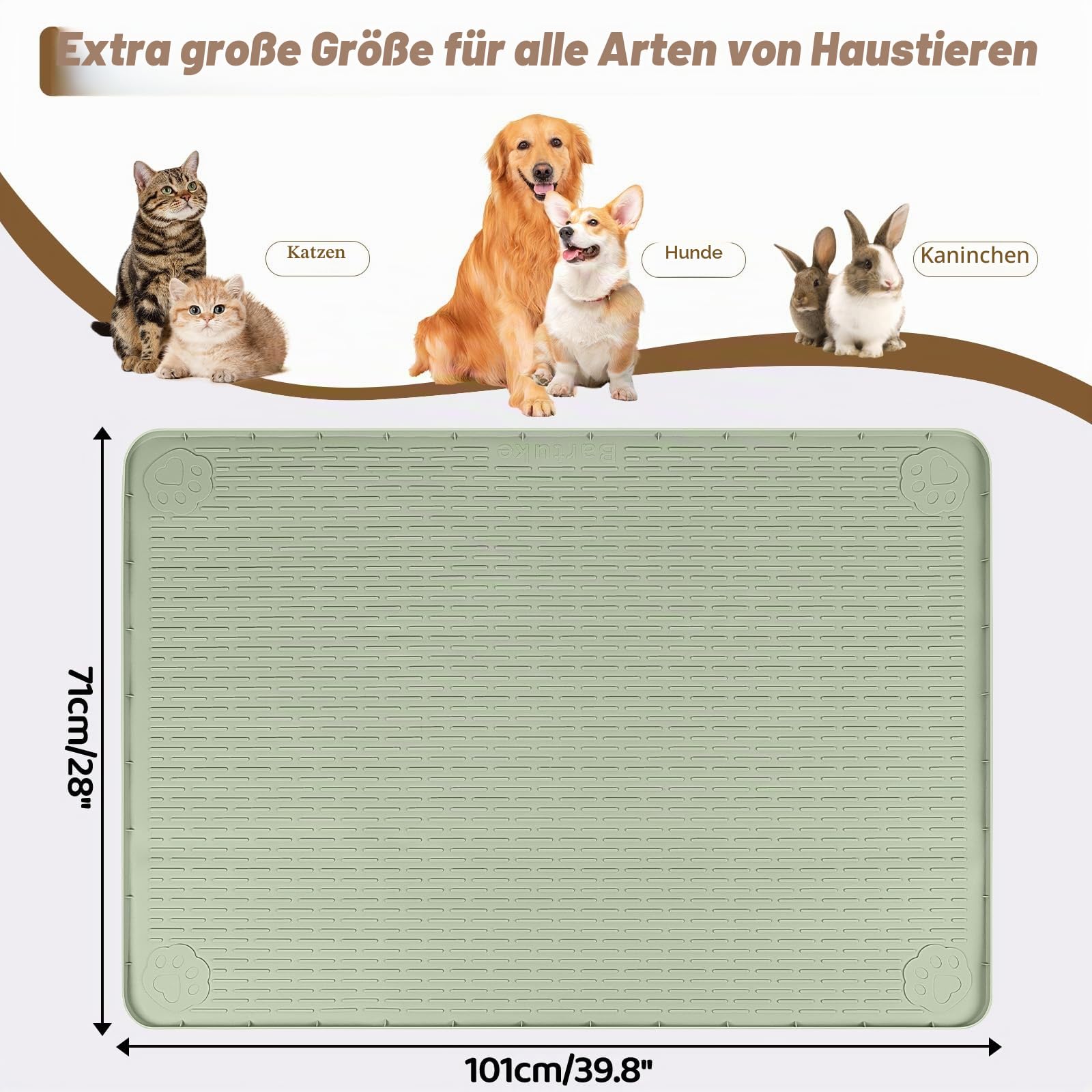Extra große Silikon Katzenfuttermatte, 101x71cm Futtermatte für Haustiere mit erhöhtem Rand, Platzdeckchen für Futter- und Wassernäpfe, rutschfest, leicht zu reinigen (Grün)