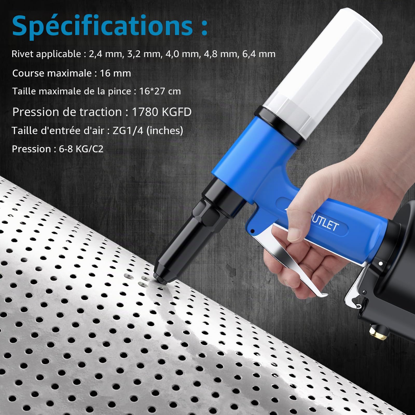 AUTOUTLET Pistolet à riveter pneumatique, 3/32", 1/8", 5/32", 3/16", 1/4", pression de traction 1780KGF, idéal pour la maison, la décoration, l'industrie