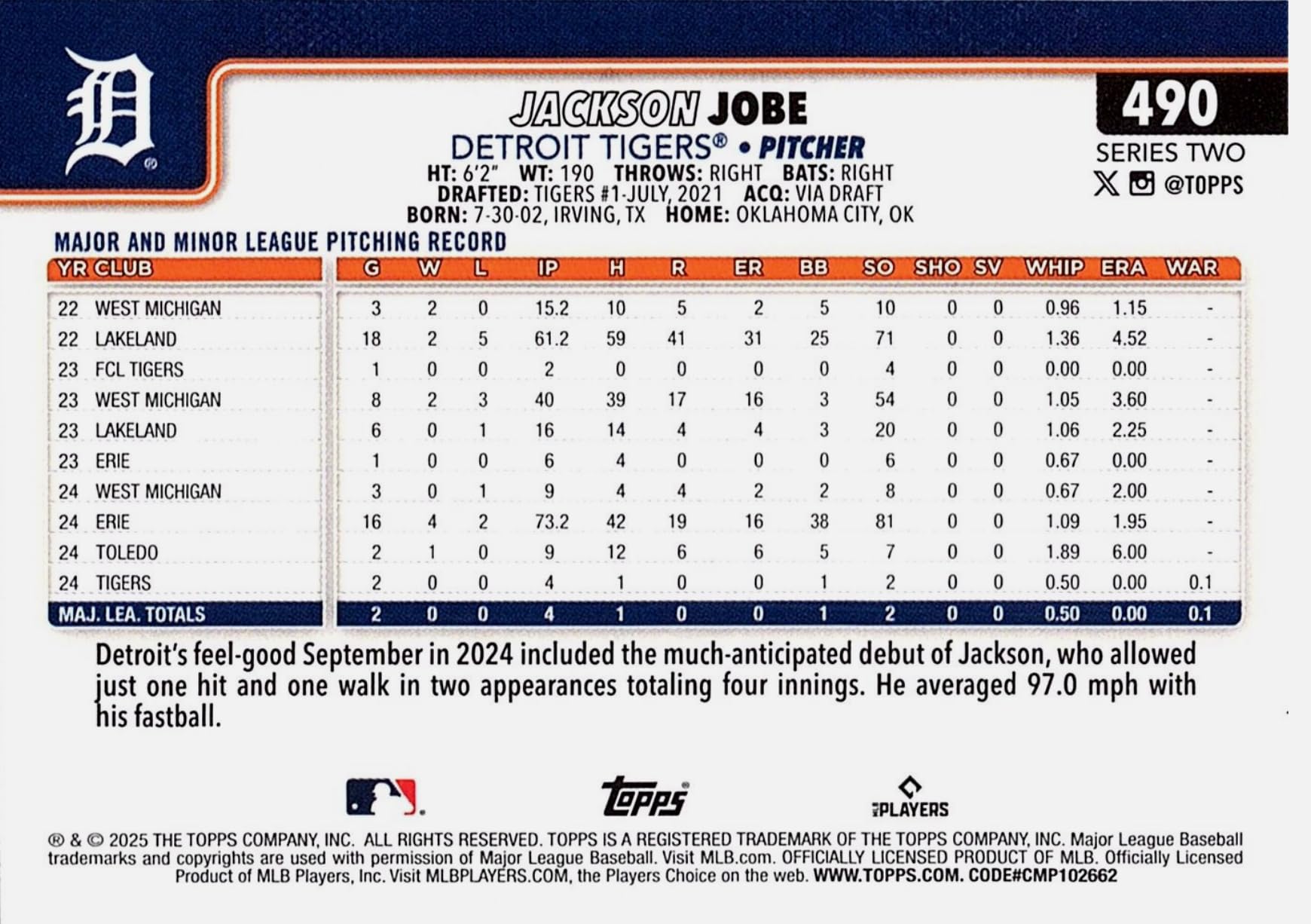 Amazon.com: 2025 Topps Series 2 Jackson Jobe #490 Detroit Tigers
