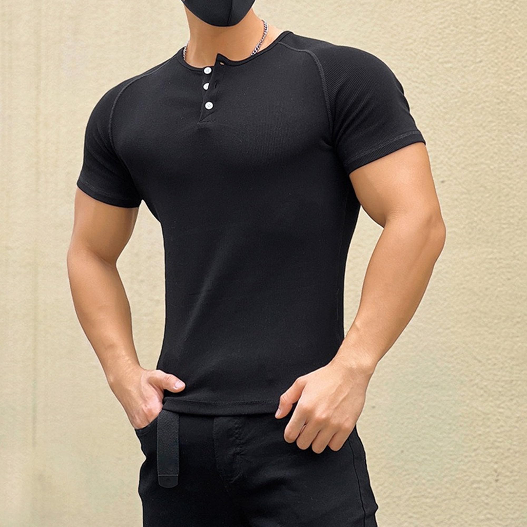 Mens Muscle Slim Henley Shirts Casual Fit Athletic T-Shirts Classic Soft Short Sleeve Shirt for Men (Black,Large)