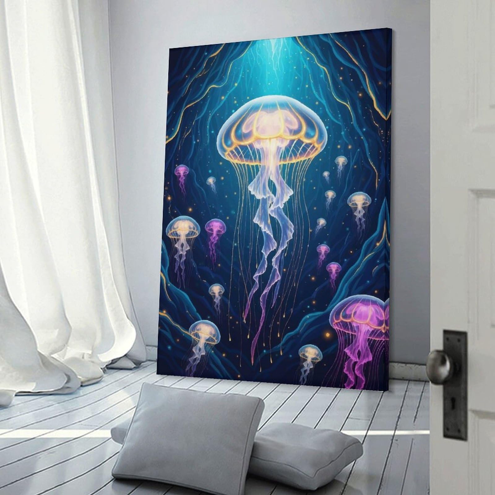 Junmoney Frame-Style-10-1 Hanging Wall Art Glowing Jellyfish In Deep Blue Sea, 24X36inch(60X90cm), For Wall Displays, Bedrooms Or Room Updates, Wall Decor Suited To Curated Displays