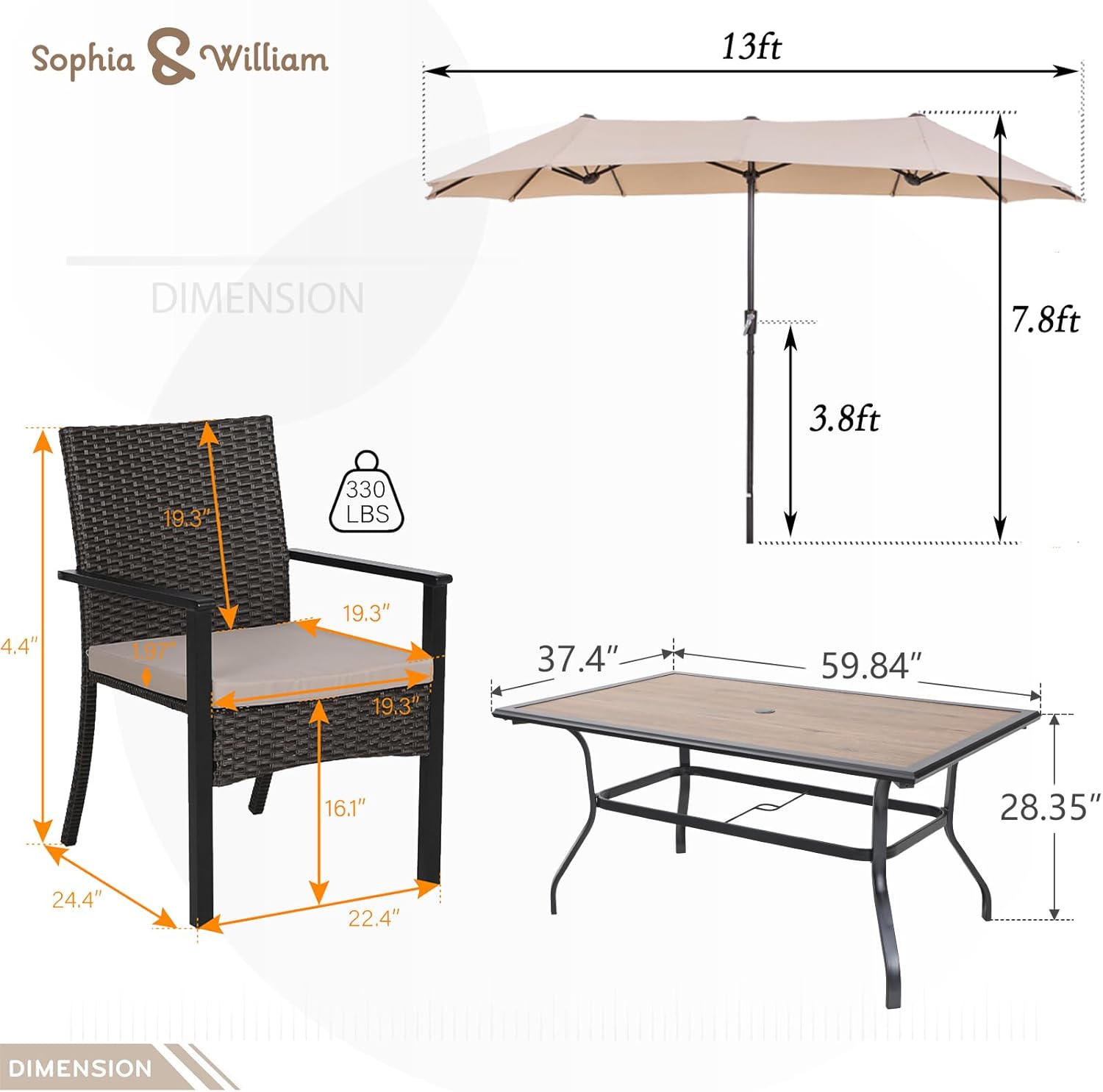 Sophia & William 7 Pieces Patio Dining Set with 13 ft Beige Double-Sided Umbrella, Outdoor Rattan Chairs & Metal and PVC Table Set with Cushion and 1.57" Umbrella Hole for Terrace Backyard Porch
