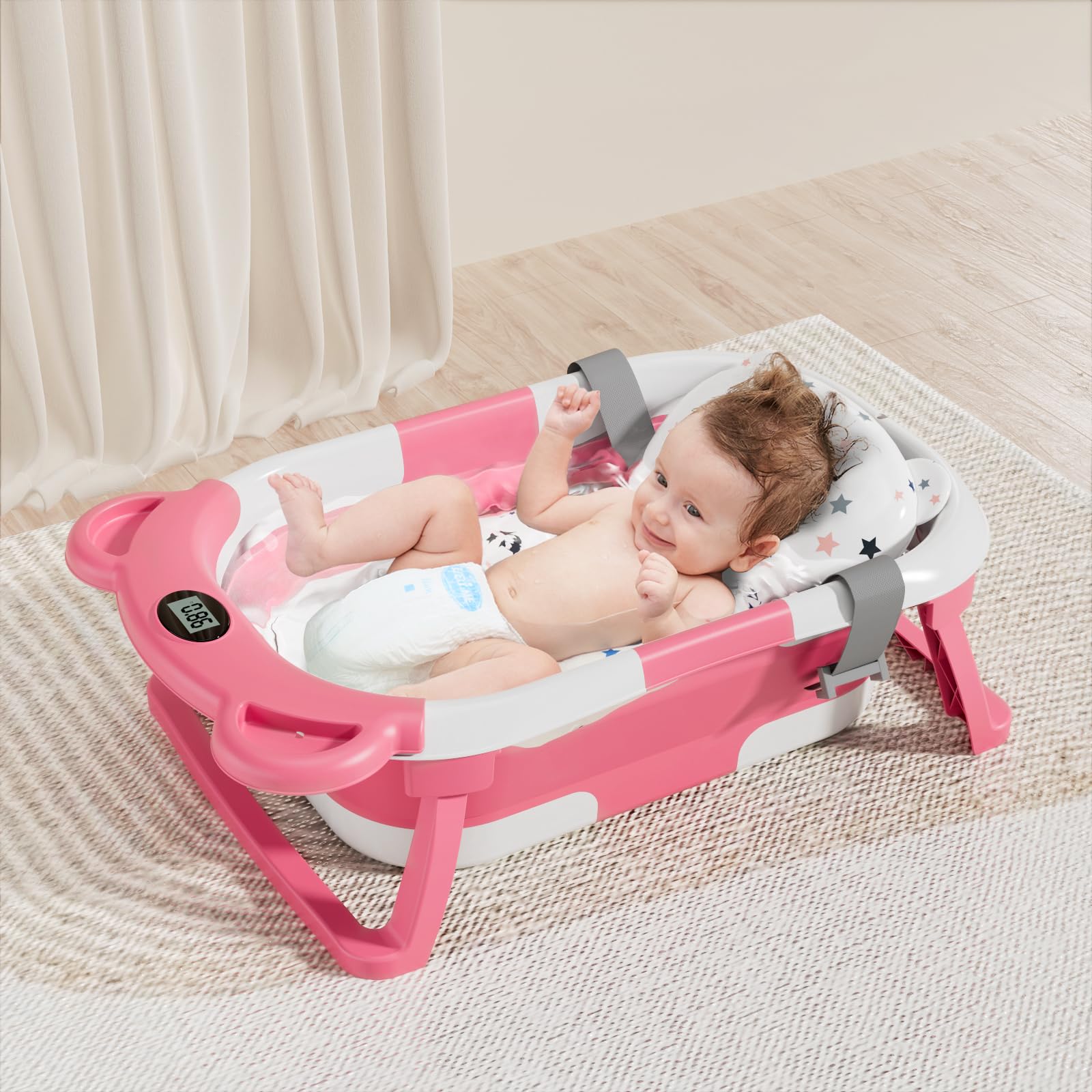 Itslife Vasca da Bagno per Bambini, Vasca da Bagno da Viaggio Portatile, Vasca Bagnetto Neonato Pieghevole con Cuscino di Supporto, Adatta per Neonati da 0 a 36 Mesi Rosa