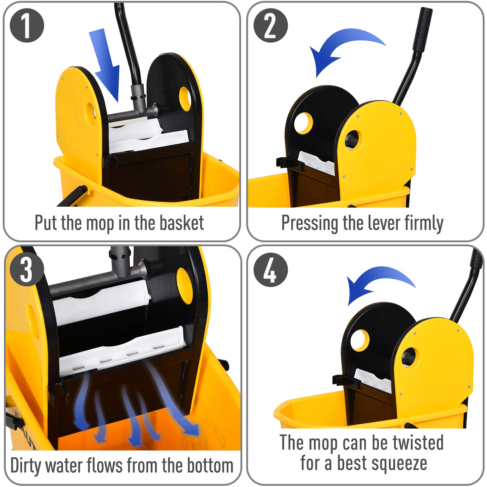 HOMCOM Cubo de fregona de 26 litros y escurridor de Agua con 4 Ruedas, Cuerpo de plástico, Mango de Metal, Soporte para Poste de Limpieza Comercial para el hogar, Carrito de Piso, Color Amarillo