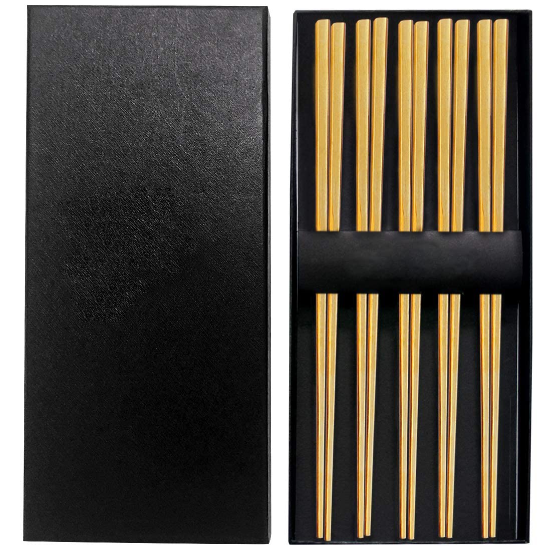 KASTWAVE Stainless Steel Chopsticks - Gold Reusable 5 Pairs Set - Dishwasher Safe, Lightweight, Square Metal Chopsticks - Easy to Use Gift Set