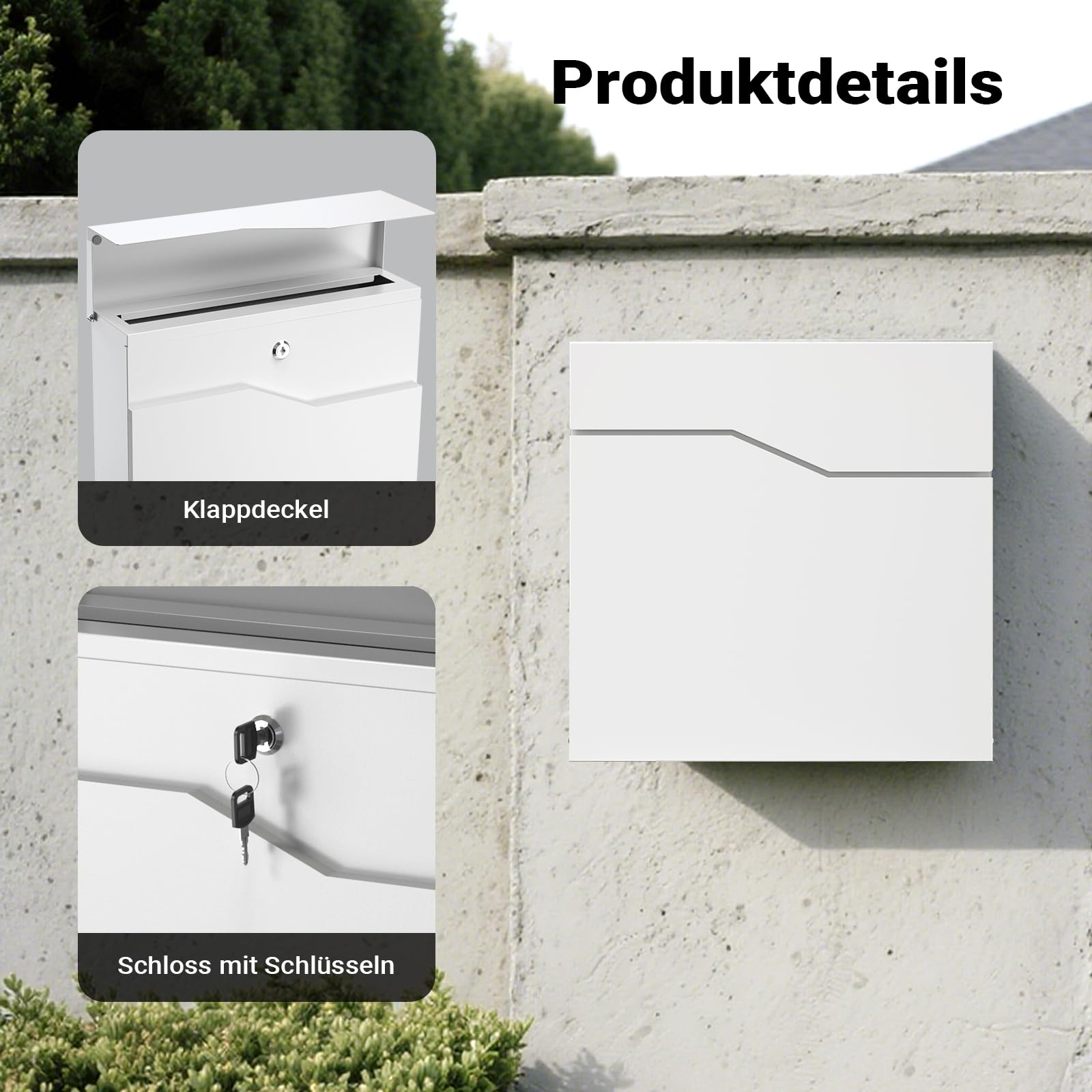Wiltec Designer Briefkasten V19 weiß 370 x 102 x 370 mm, Wandbriefkasten mit Schloss und Zeitungsrolle, Postkasten aus pulverbeschichtetem Stahl