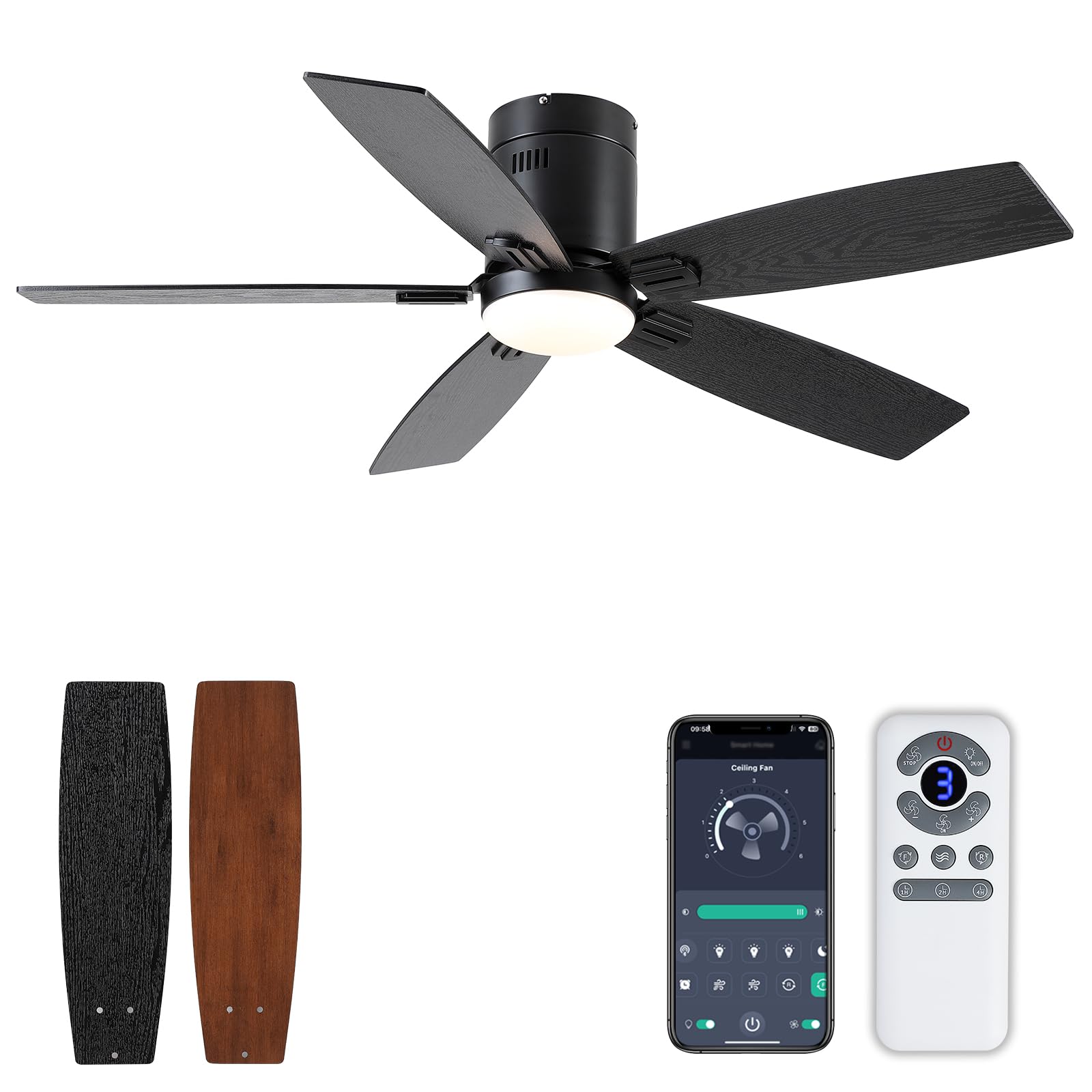 Homiefans 52 inch Flush Mount Ceiling Fan, Low Profile Ceiling Fan, Ceiling Fans with Lights and Remote, Quiet DC Motor, Dimmable 6 Speeds Reversible Modern Ceiling Fan for Patios, Living Room