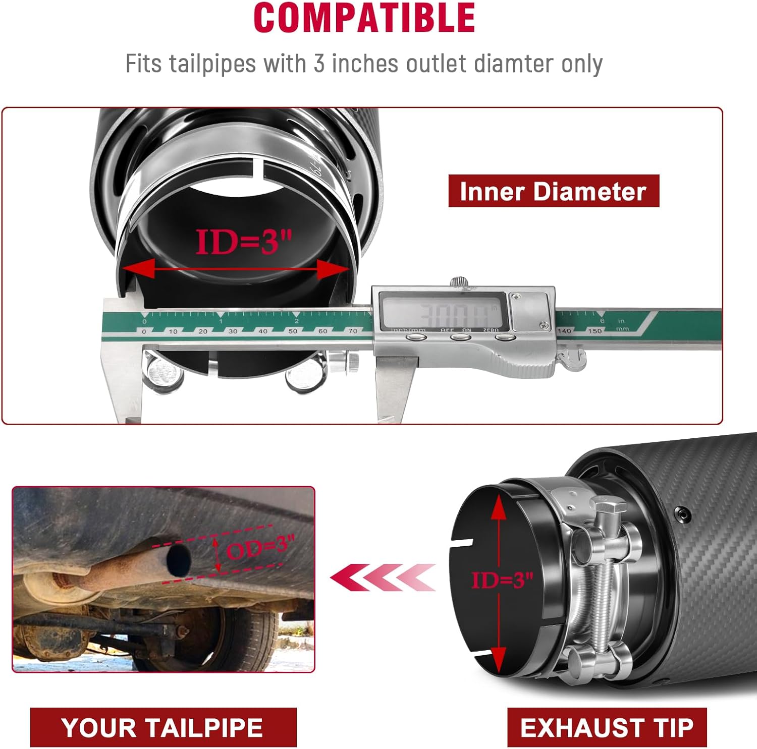Upower Carbon Fiber Exhaust Tip Tailpipe 3" Inlet 4" outlet 6.5" Length Stainless Steel Exhaust Muffler Tip for Car Truck
