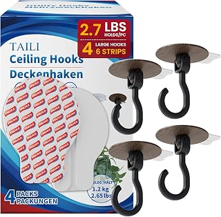 TAILI Adhesive Ceiling Hooks for Hanging Plants, No-Drill 4 Pack Wood Grain