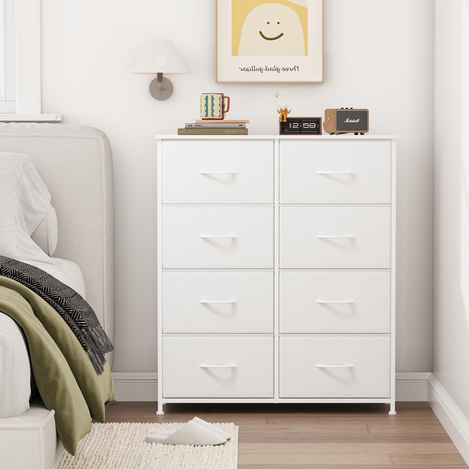 Somdot Kommode mit Schubladen aus Stoff, Komodenschrank, Kommode für Schlafzimmer Wohnzimmer Flur, Schubladenschrank Aufbewahrungsschrank Stoffkommode, 8 Stoffschubladen, Weiß