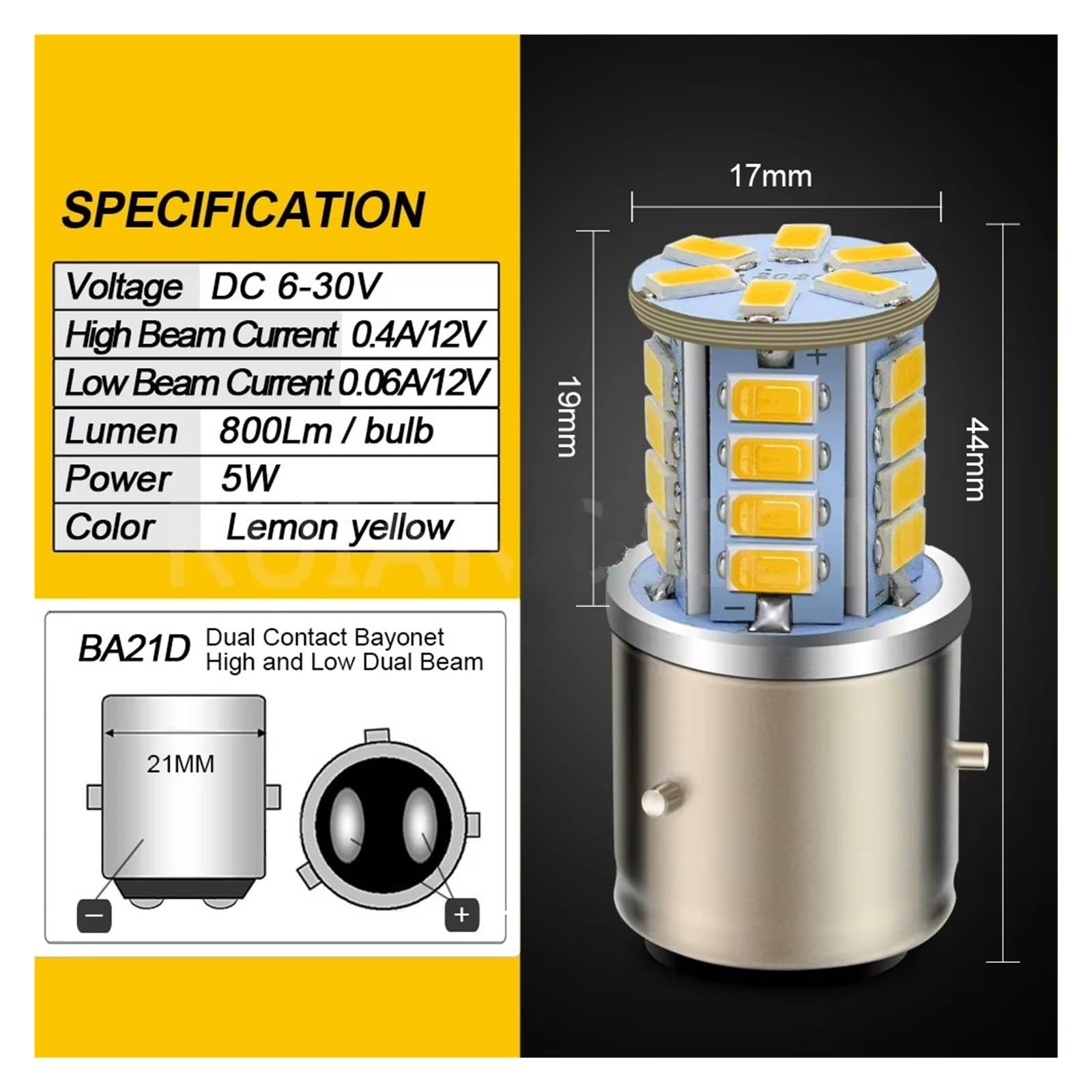 Moto Phare Projecteur Ampoule Phare LED BA21D pour Moto Cyclomoteur Scooter 5730SMD CC 6-30V 12V 24V Jaune Citron Feux Croisement/Route Phare Moto LED(10Piece)