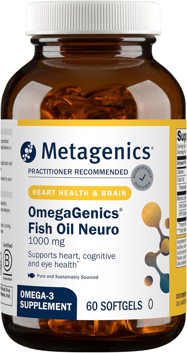 Metagenics OmegaGenics Fish Oil Neuro 1000 mg Omega Supplement for Brain Health & Function* - 750 mg DHA & 250 mg EPA - with No Fishy Taste - Sustainably Sourced - Non-GMO & Gluten-Free - 60 Softgels