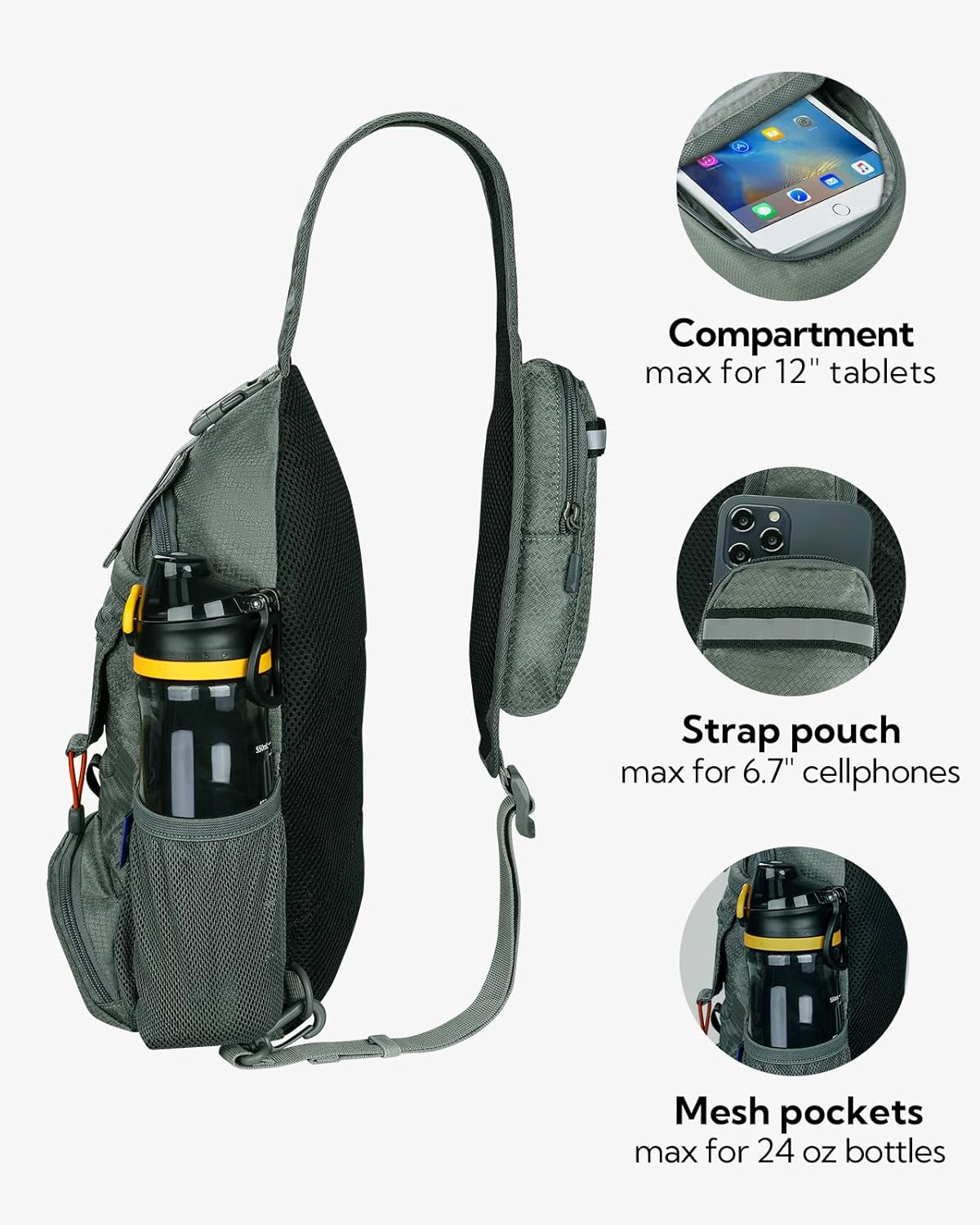 WATERFLY Packable Small Crossbody Sling Backpack Shoulder Chest Bag Daypack for Hiking Traveling Grey - Image 4