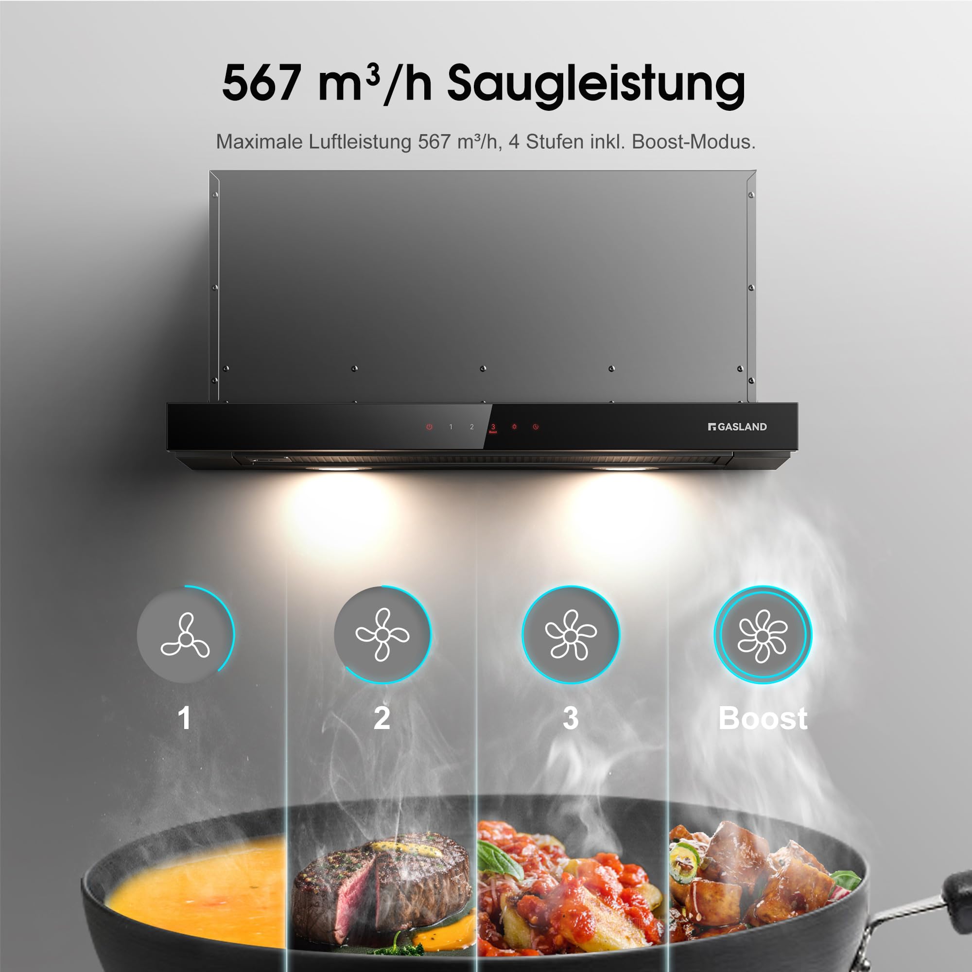 GASLAND BR60BS A++ okap wyciągowy 60 cm Umluft, szklany przód z czujnikiem dotykowym, wbudowany okap 566 m³/h, czarny cichy kaptur z filtrem węglowym CF176