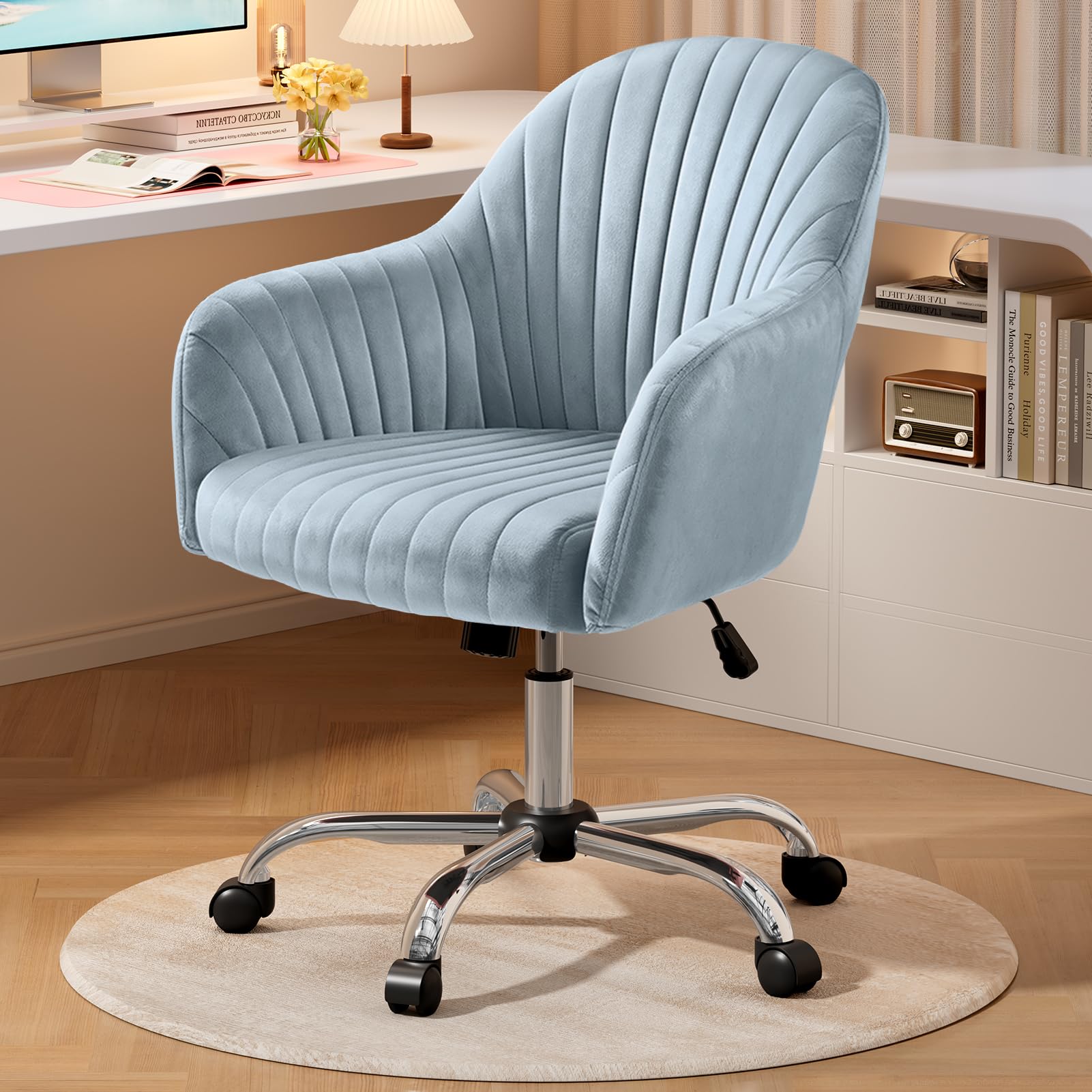 Warmiehomy Velvet Desk Chair for Home Office, Modern Adjustable Swivel Task Chair, Women Vanity Chairs with Arm Rest for Bedroom Dressing Room, Light