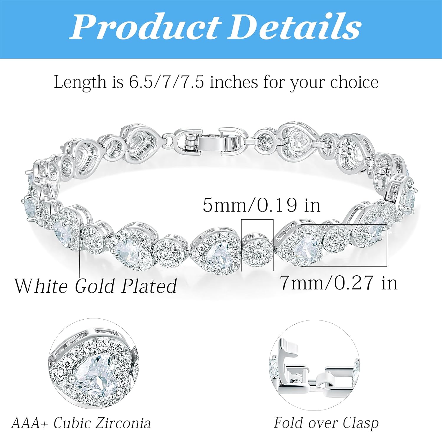 Gemsme Tennis Bracelet for Women - Heart & Round Cubic Zirconia Bracelet, 14K White Gold Plated CZ Tennis Bracelets for Women, Sizes 6.5-7.5 in