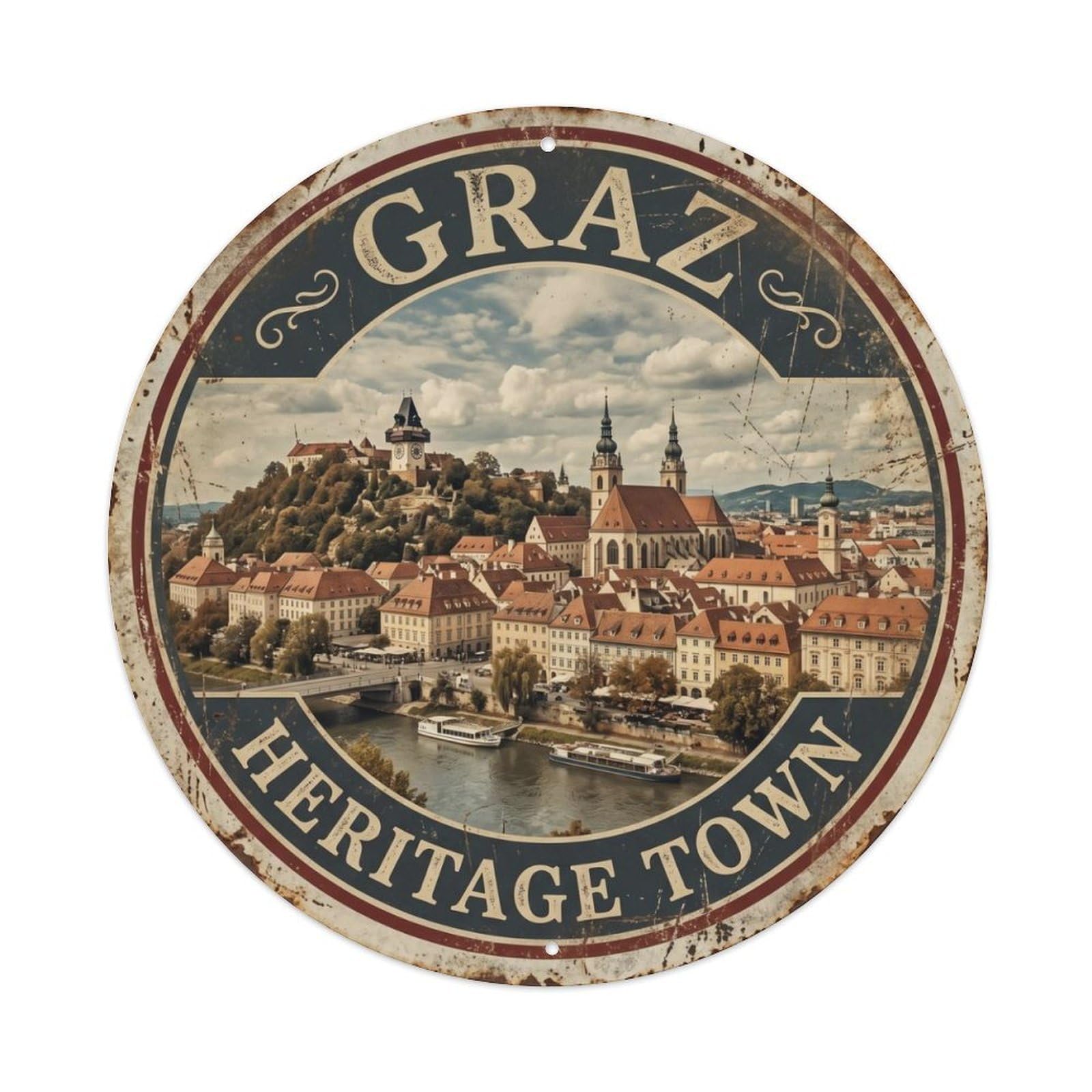 Vintage Travel Graz Austria Heritage Metal Tin Sign Plaque Wall Decor for Cafe, Club Bar, Office, Home Garden Round Metal Poster 8x8Inch