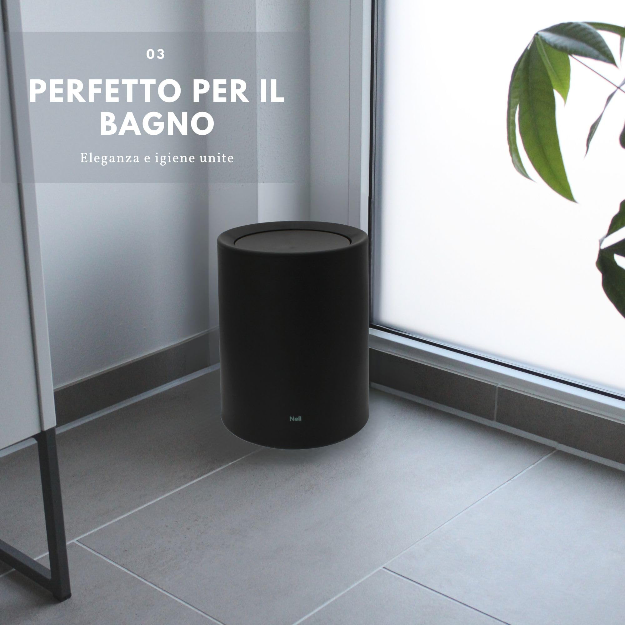 Nell Pattumiera da Ufficio 8L Nero Opaco Coperchio Basculante Cestino Gettacarte Plastica Resistente