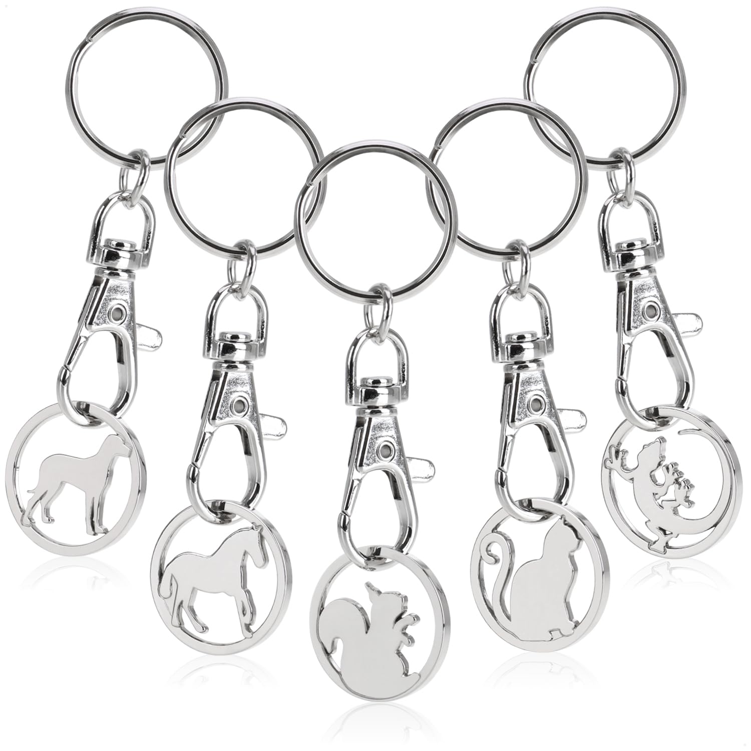 com-four® 5x Schlüsselanhänger aus Metall mit Karabinerhaken und Einkaufswagenchip, abnehmbarer Einkaufschip als Glücksbringer für den Schlüsselbund (05 Stück - Tiere)