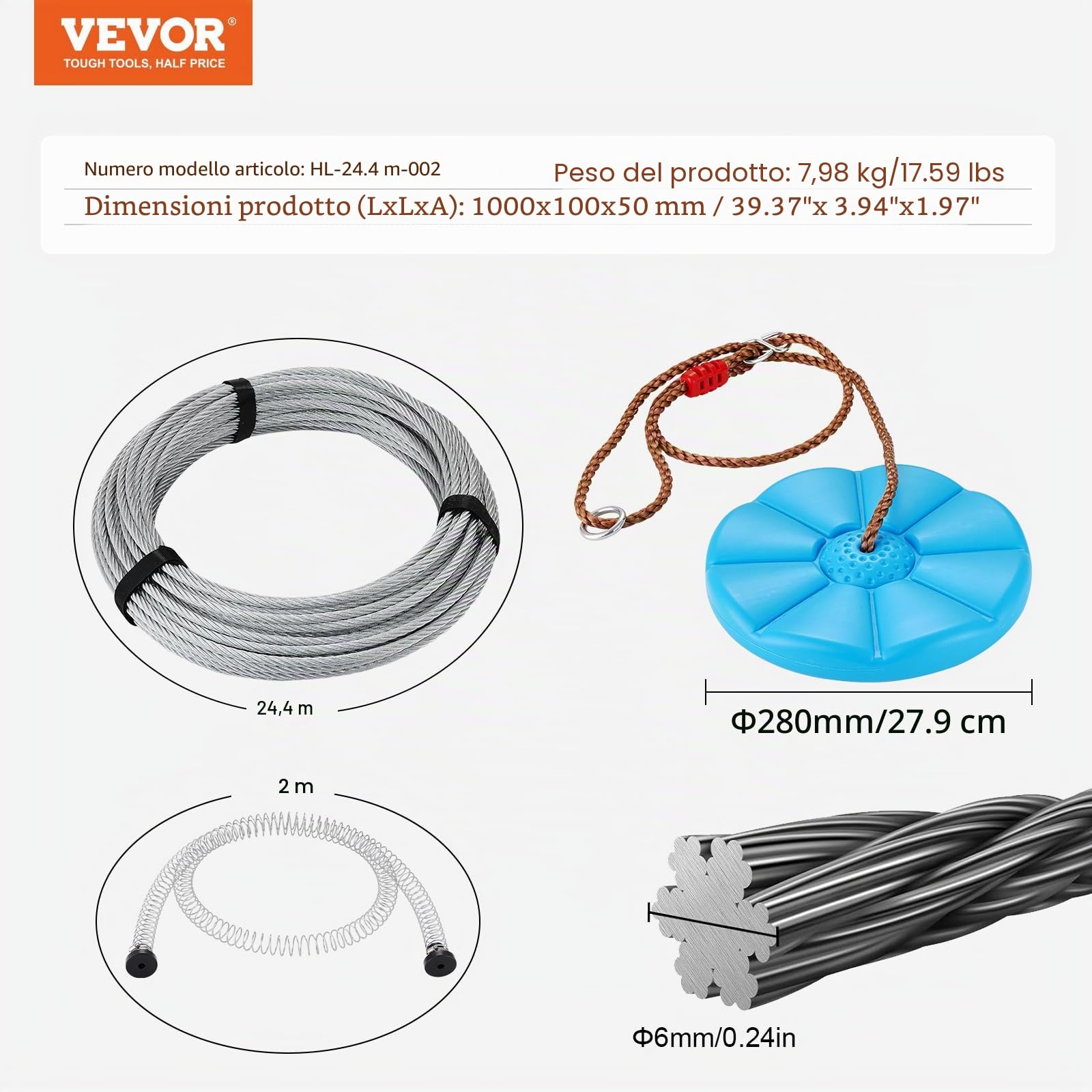 VEVOR Kit Teleferica Zipline 24,38 m Giardino Cortile Parco Corda Scivolo Corrimano Seduta Carico Max 149 kg
