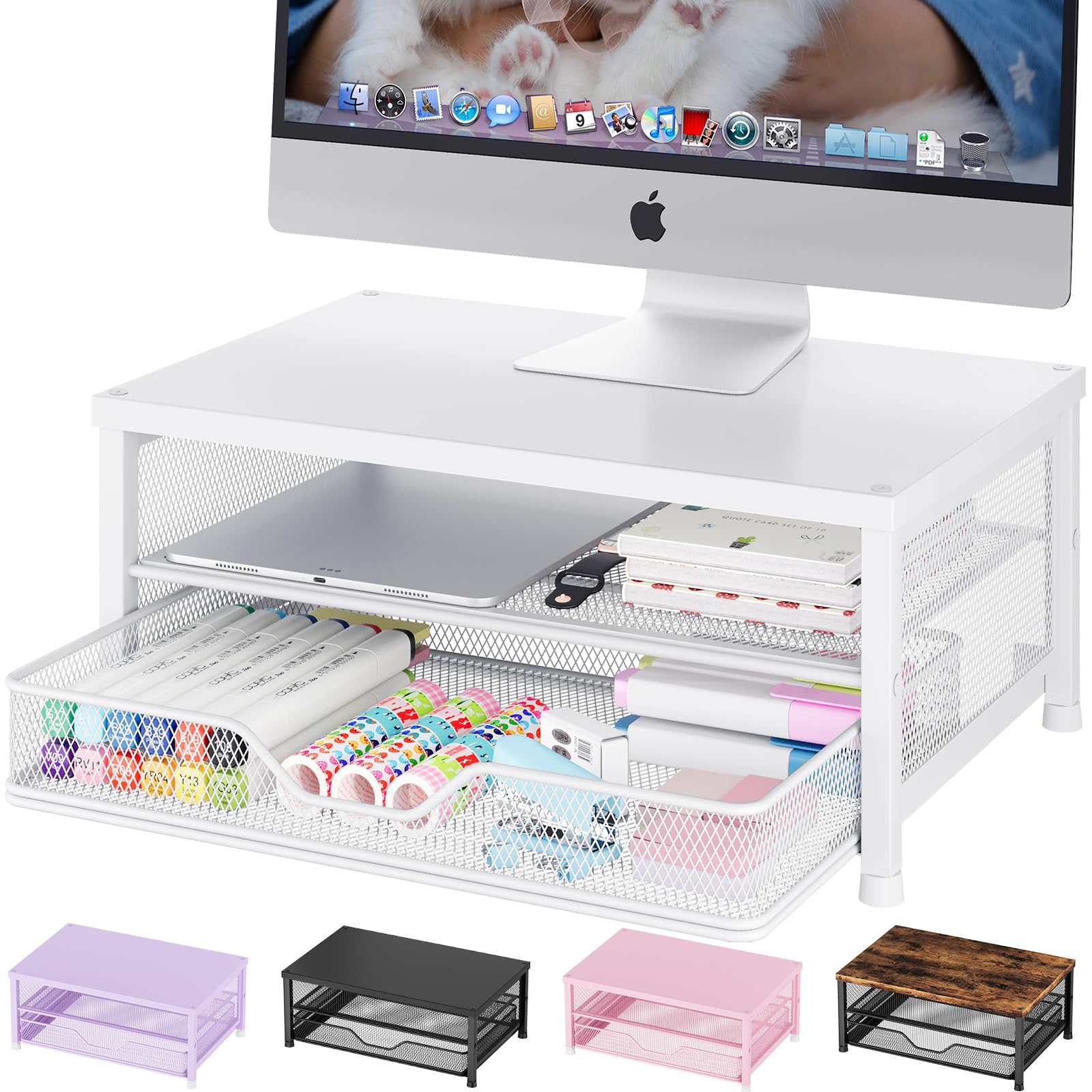 OPNICE Computer Monitor Stand Riser, Desk Organizer with Drawer, Printer &amp; Laptop Stand, Office Desk Accessories &amp; Workspace Desktop Organizers Storage for Office Supplies(White)