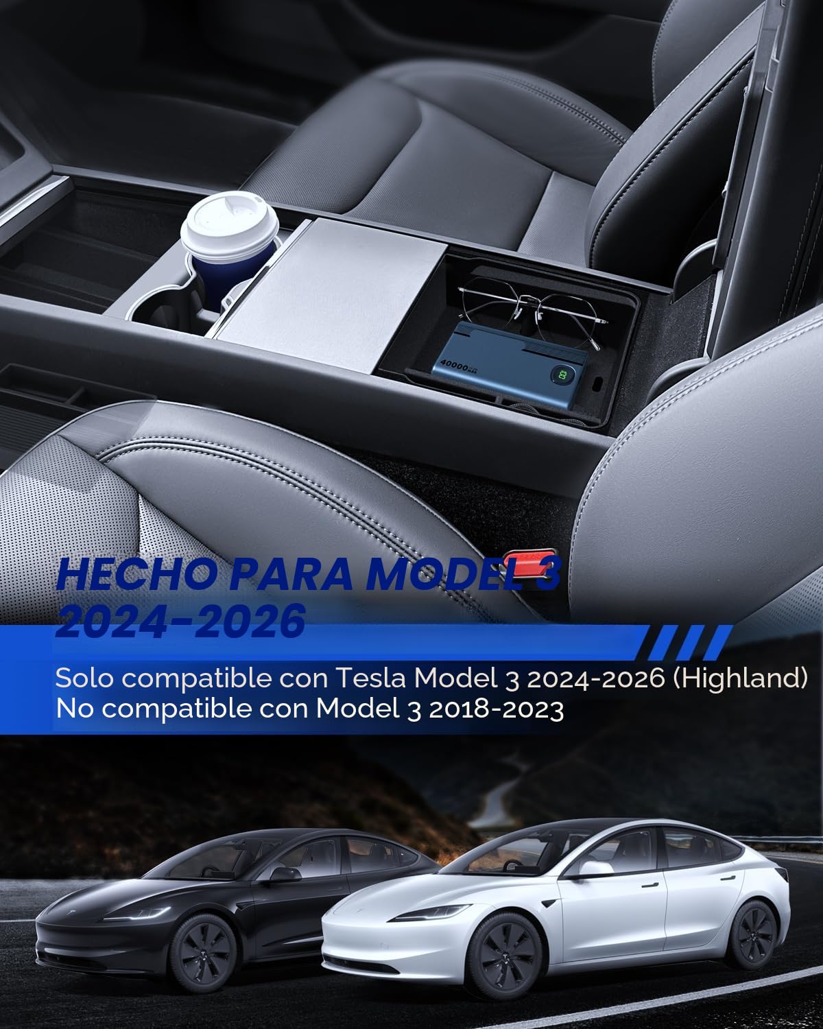 4 accesorios para Tesla Model 3 2024-2026 organizador de consola central, bandeja organizadora de silicona, caja de almacenamiento para reposabrazos y caja oculta (flocado)