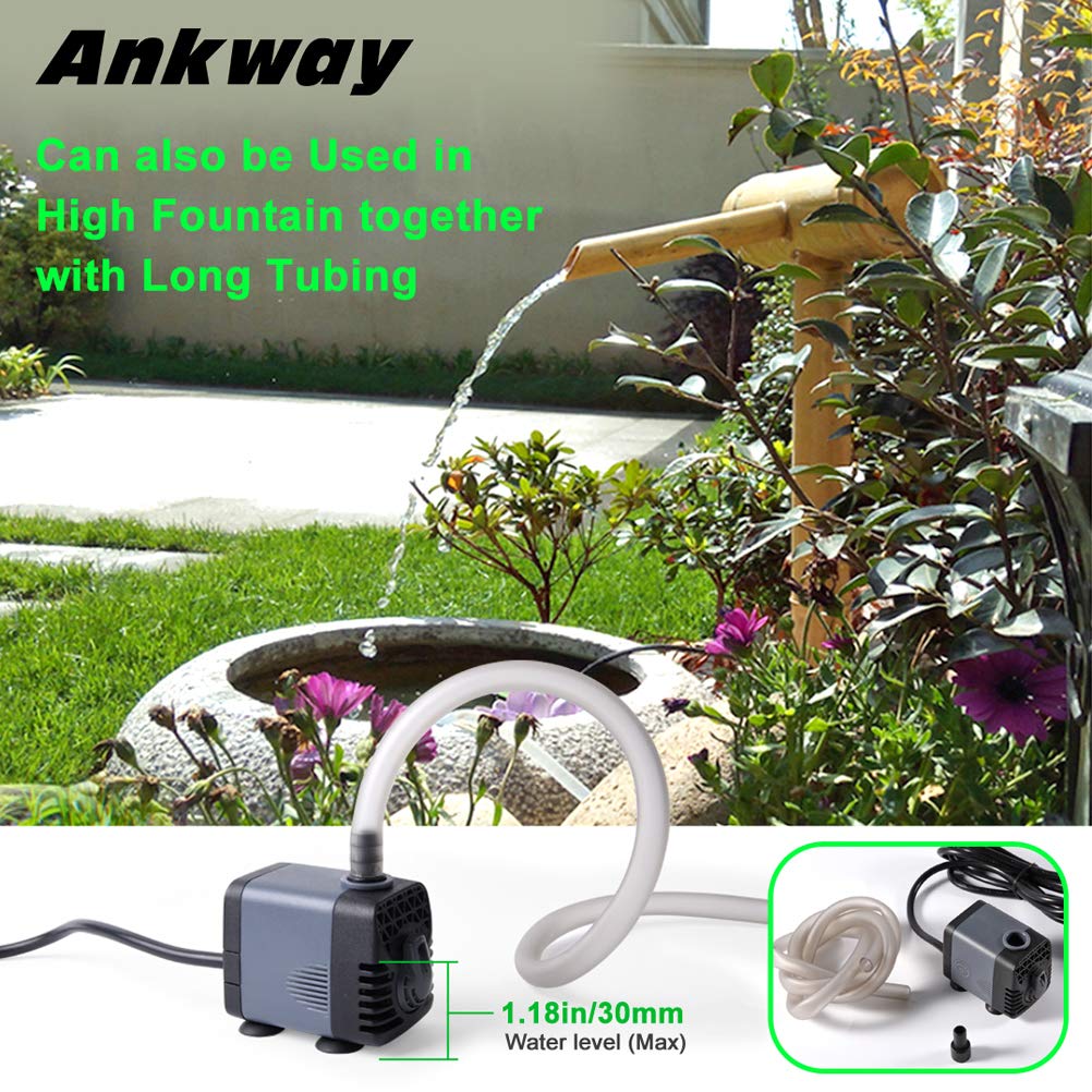Ankway Pompa wodna, pompa do stawu 160 GPH 600 l/h, 10 W, pompa głębinowa z wężami winylowymi (39 cali / 1 m), pompa pompująca z 2 dyszami do stawów, ogrodu, fontanny, akwarium, 1,8 m