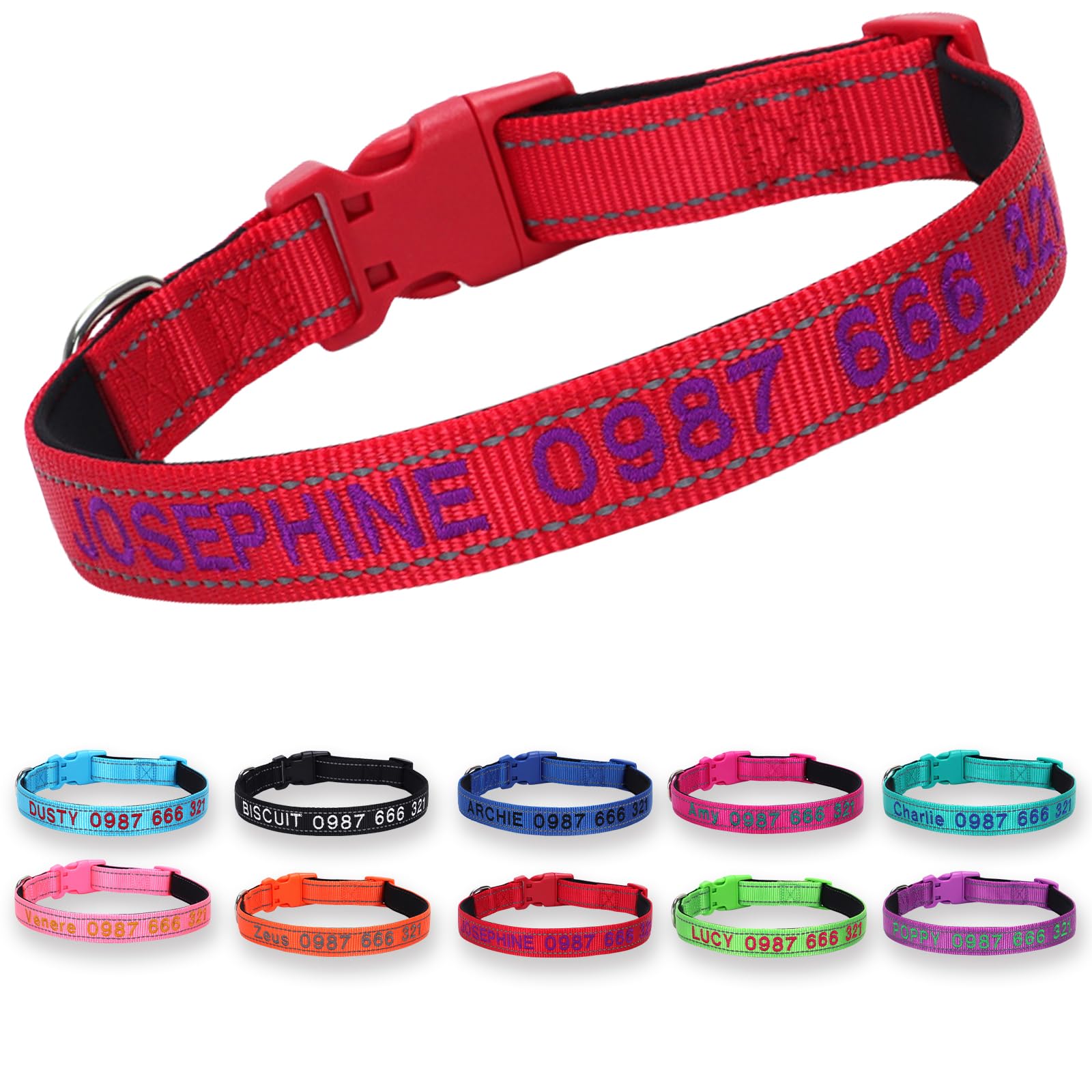 Padded Dog Collar,Soft Neoprene Personalized Pet Collar,Custom Embroidered Pet Name and Phone Number,Breathable Nylon Dog Collars,Quick Release Snap Buckle Dog Collar, Red