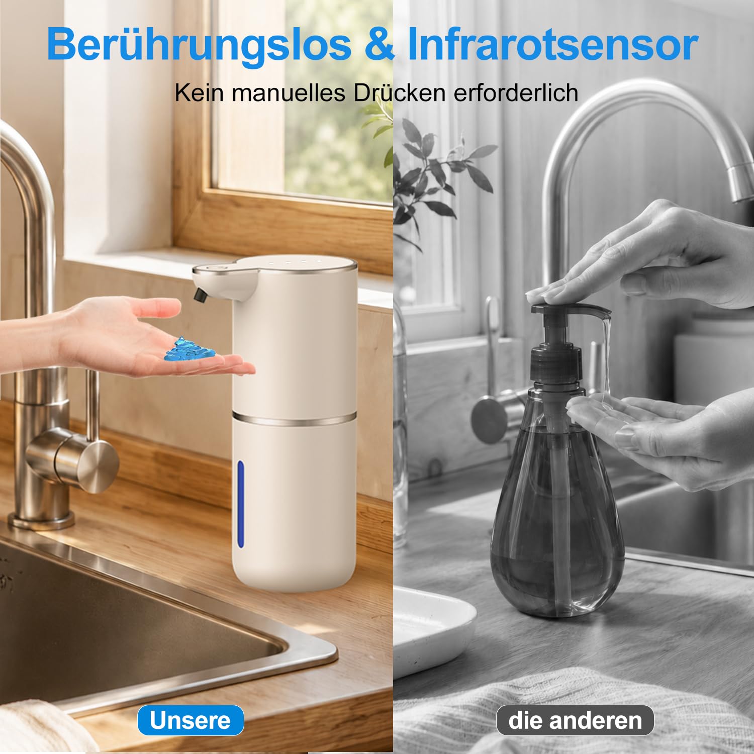 Amyzavls Seifenspender Automatisch für Flüssigetyp, Wandbefestigung Berührungslos Elektrischer Seifenspender mit Sensor, 4-stufige, USB Wiederaufladbar, 380ml, für Bad, Küche und Toilette, Perlweiß