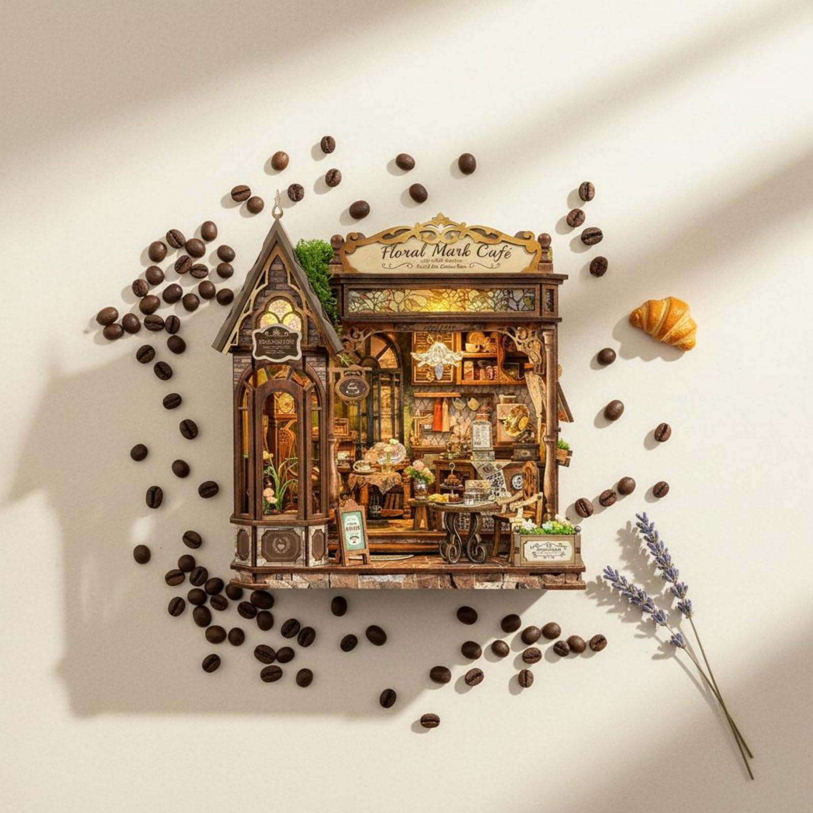 Milageto DIY Miniature House Miniaturhaus Bausatz Puppenhaus Holzbausatz Kaffeehaus Modell mit Sitzbereich Tresen Und Deko für Kreative für Erwachsene Büro Vitrine Zuhause