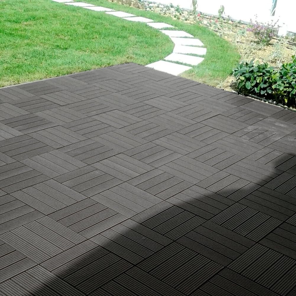 BAKAJI Set 11 Pezzi Piastrelle in WPC da Giardino con Sistema di Drenaggio Acqua, Pavimento Piastrella Resistente Agli Agenti Atmosferici Ideale per Esterno, Patio, Balcone, Terrazzo (Antracite)