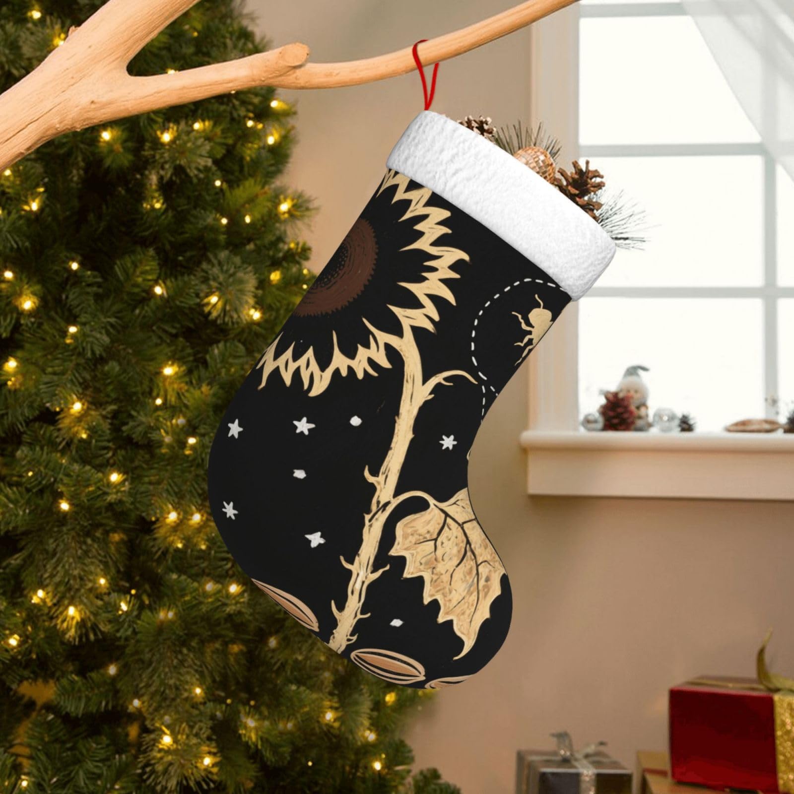 Velvet Christmas Stockings 17.7 Inch, Yellow Sunflower Bumble Bee Black Fall Xmas Stocking with Soft Cuff,Classic Personalized Christmas Tree Decoration for Family Holiday New Year Party Supplies