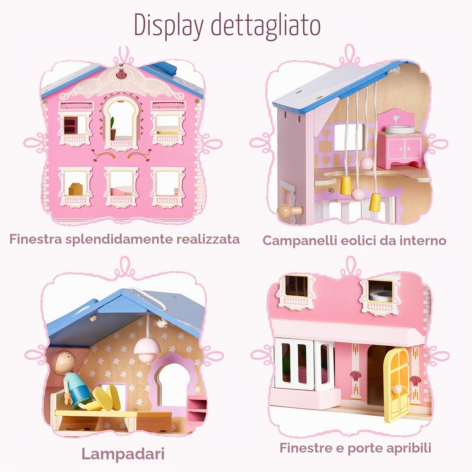 Giant bean - Squisita casa delle bambole in legno rosa per ragazze, con bambole e accessori per mobili, pieghevole e portatile, ideale per bambini dai 3 anni