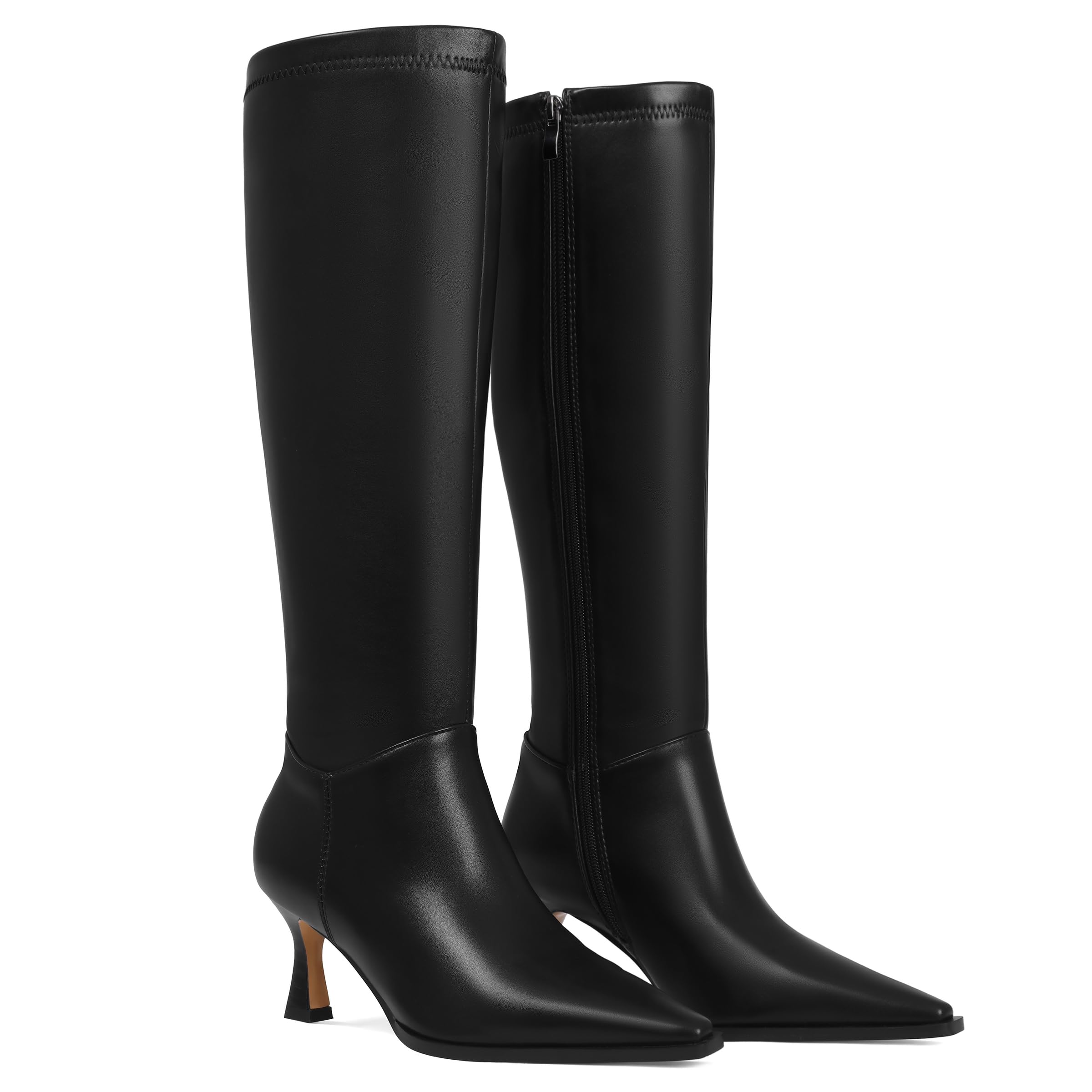 Goiphrri Knee High Boots for Women Elastic Wide Calf Kitten Heel Boots with Side Zipper Pointed Toe Stiletto