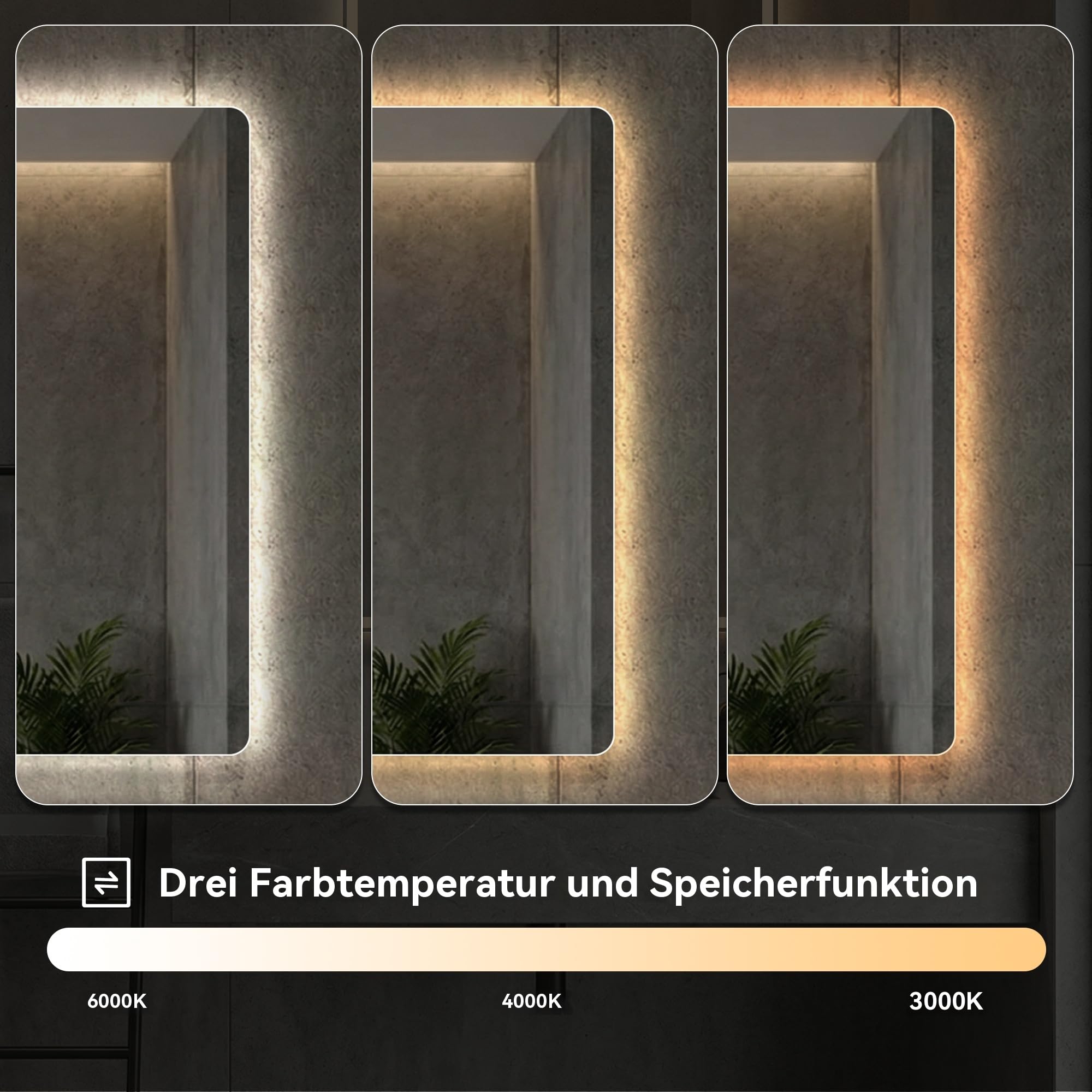 Gecheer LED Spiegel Badezimmer 70x90cm dimmbar mit Touch Control Anti Fog HD kupferfreiem Glas für Make up Rasur Pflege Badezimmer Schlafzimmer Ankleidezimmer