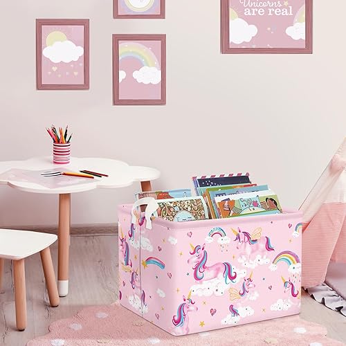 Miniatura 2 de Clastyle Adorable cesta de estante de unicornios rosados para niños, diseño de nube, corazón, arco iris, cesta de regalo rectangular para ropa,