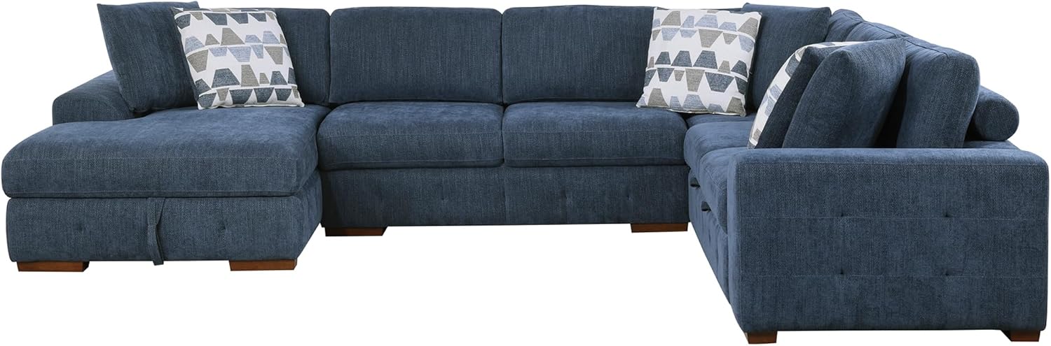 Lexicon Sectional Couches for Living Room, Chenille Fabric Sleeper Sofa, U Shape Sectional Couch with Left Storage Chaise and Pull Out Sofa Bed, 6 Seater with Ottoman, Blue