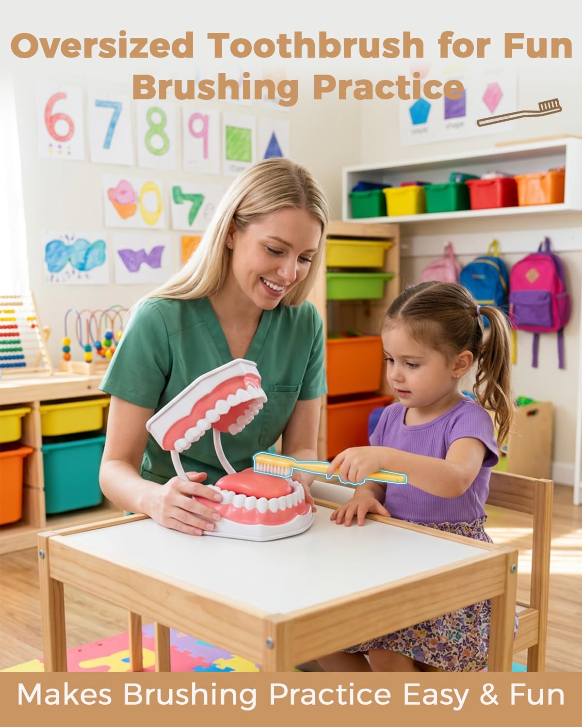 6X Teeth Mouth Model Set with White Hinge, Includes Tongue Depressor, Toothbrush and Letter Cards, 6X Enlarged Oral Cavity Model for Children's Brushing Training and Dental Hygiene Teaching