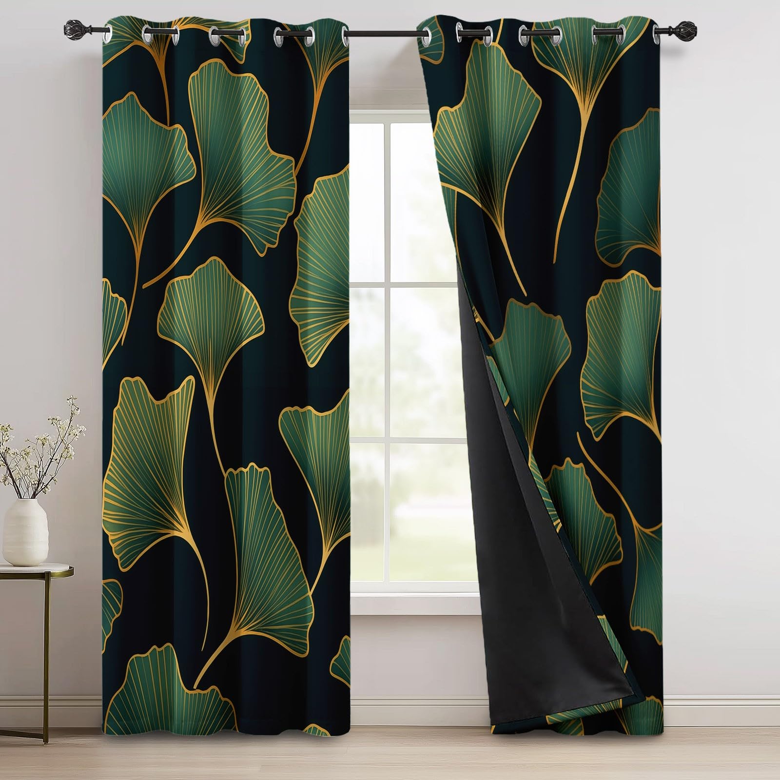 Verde Nero Tenda Oscurante 117L X 183H cm (2 Pannelli) Tende Oscuranti Termiche con Occhielli, Minimalismo Linee Piante Foglie Di Ginkgo Tenda Opaca Stampate per Camera Soggiorno