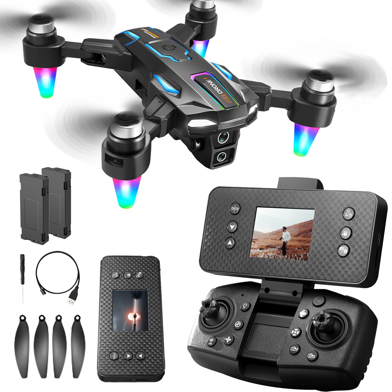 elecci A22 Drone with Screen Controller with SD card, 2 batteries, Brushless Motor, Optical Flow Localization, Active Obstacle Avoidance, with Black