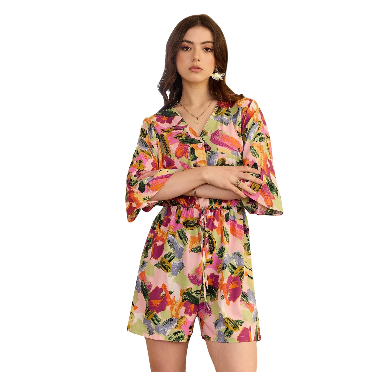 Women V-Neck Floral Print Regular Mini Jumpsuit | Casual Short Sleeve Romper for Ladies