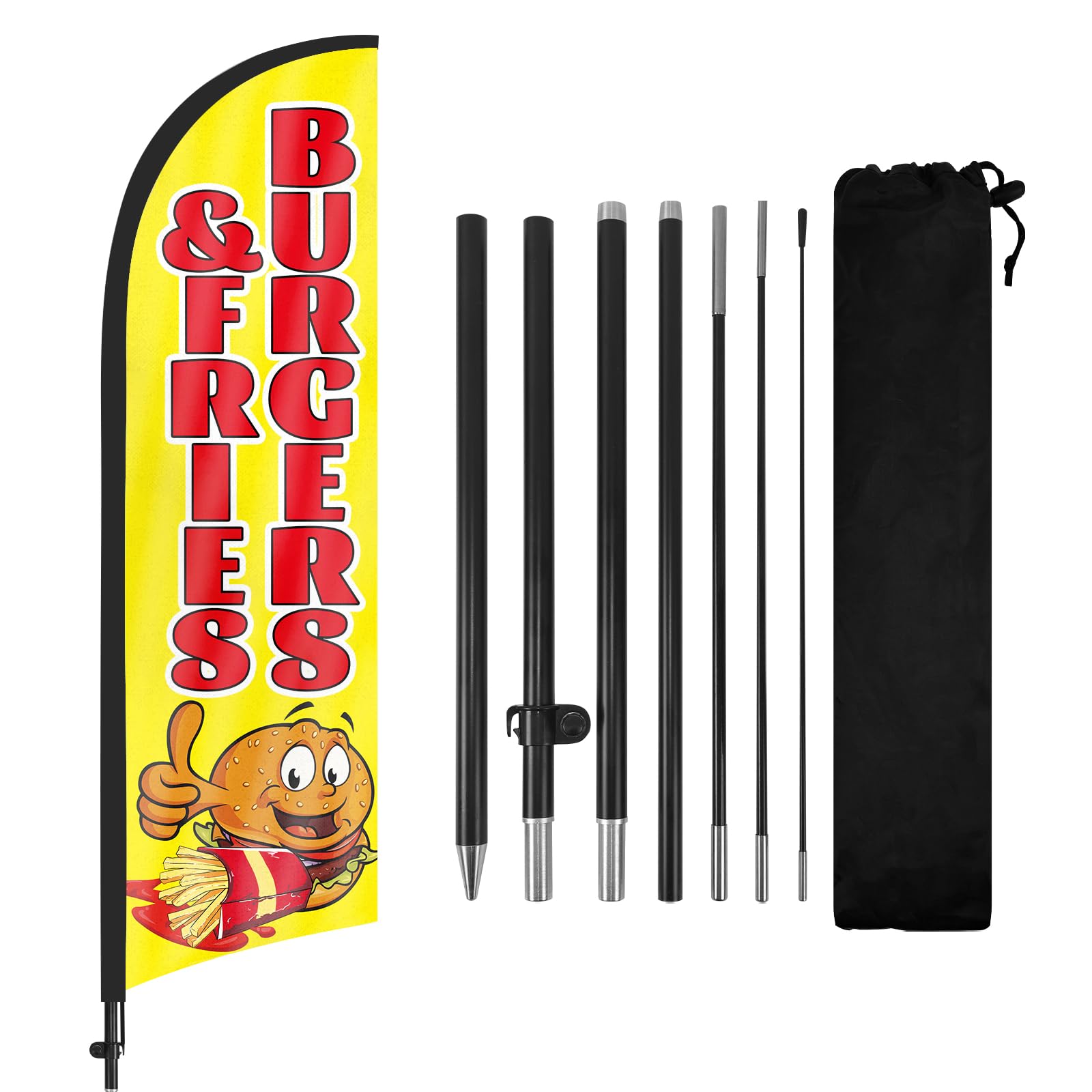 Drapeau à plumes pour hamburgers frites avec kit de mât et piquet de sol, 2,7 m, bannière de drapeau sans vent, pour publicité extérieure