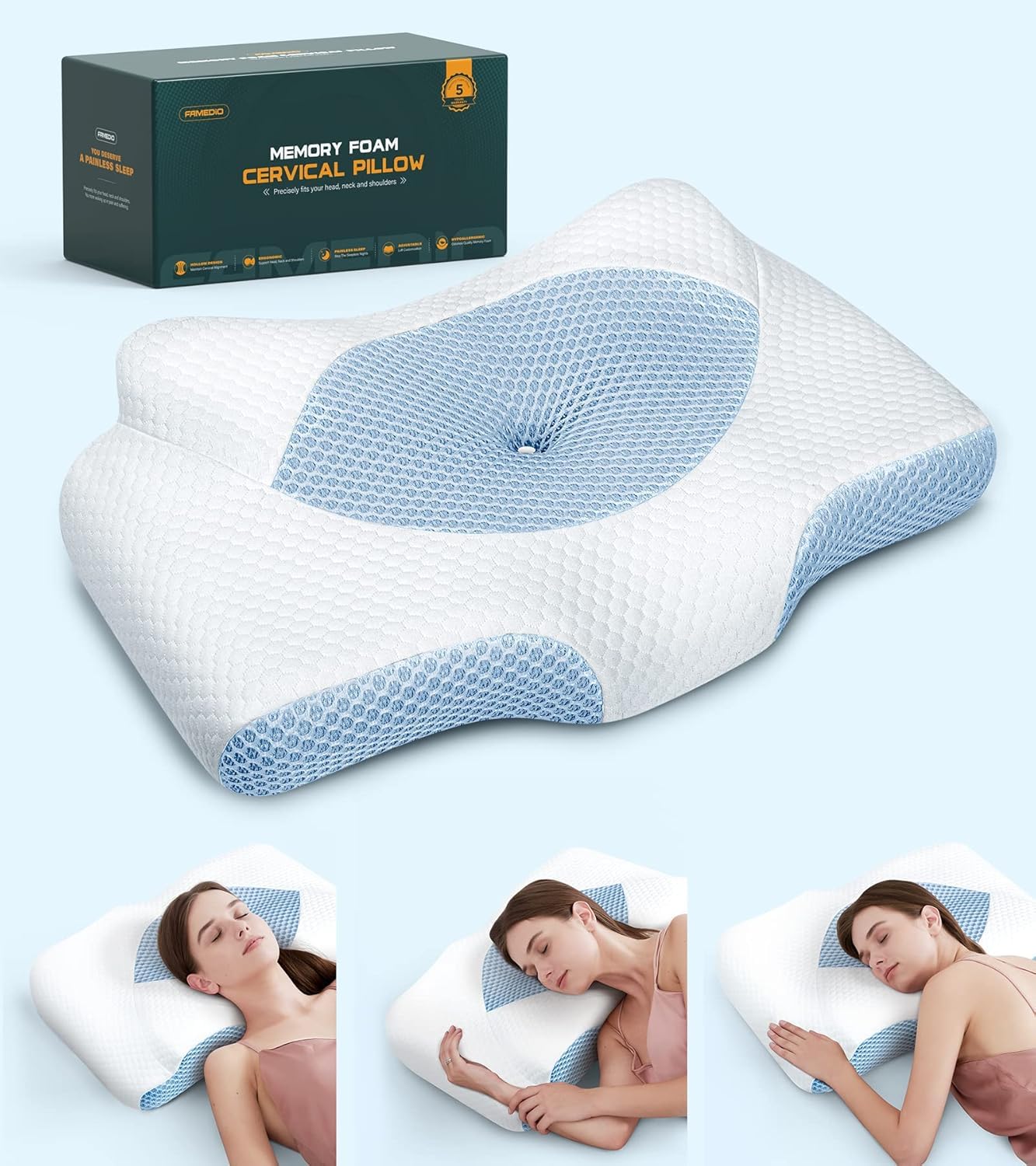 Famedio Adjustable Cervical Pillow for Neck Pain Relief, Hollow Bed Memory Foam Plus Support, Odorless Orthopedic Bed Pillows for Sleeping, Shoulder Pillow for Side Back Stomach Sleeper