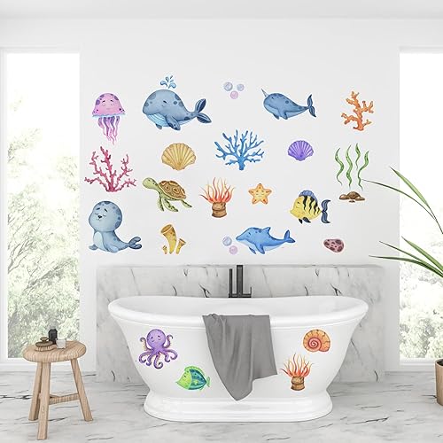 Calcomanías de pared de peces marinos, calcomanías de pared de océano, decoración de pared removible de bricolaje, arte mural de vinilo para niños,