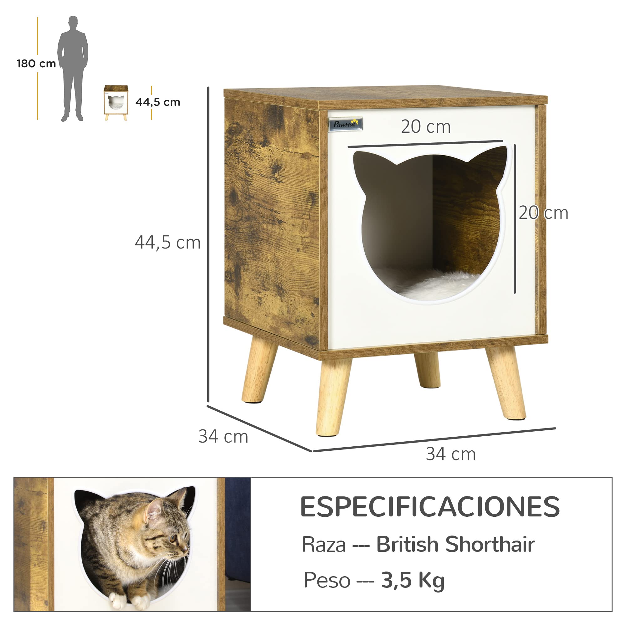 Pawhut - Casa interior para gatos de madera, con cojín lavable y patas elevadas, 34 x 34 x 44,5 cm, color marrón
