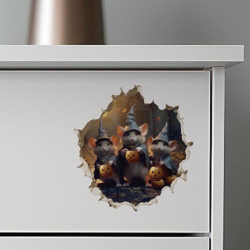 Miniatura 7 de Trick or Treat Witch Mice in Mouse Hole Calcomanía de pared 3D con agujero de ratón